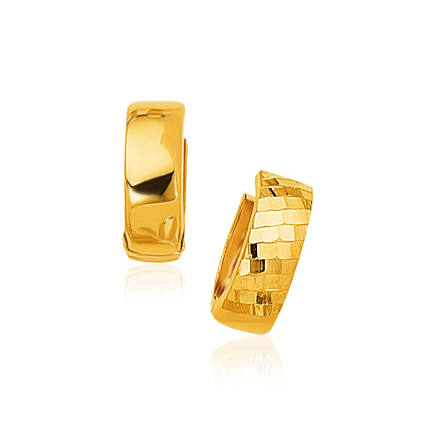 14k Yellow Gold Textured and Polished Hoop Earrings - Image 2