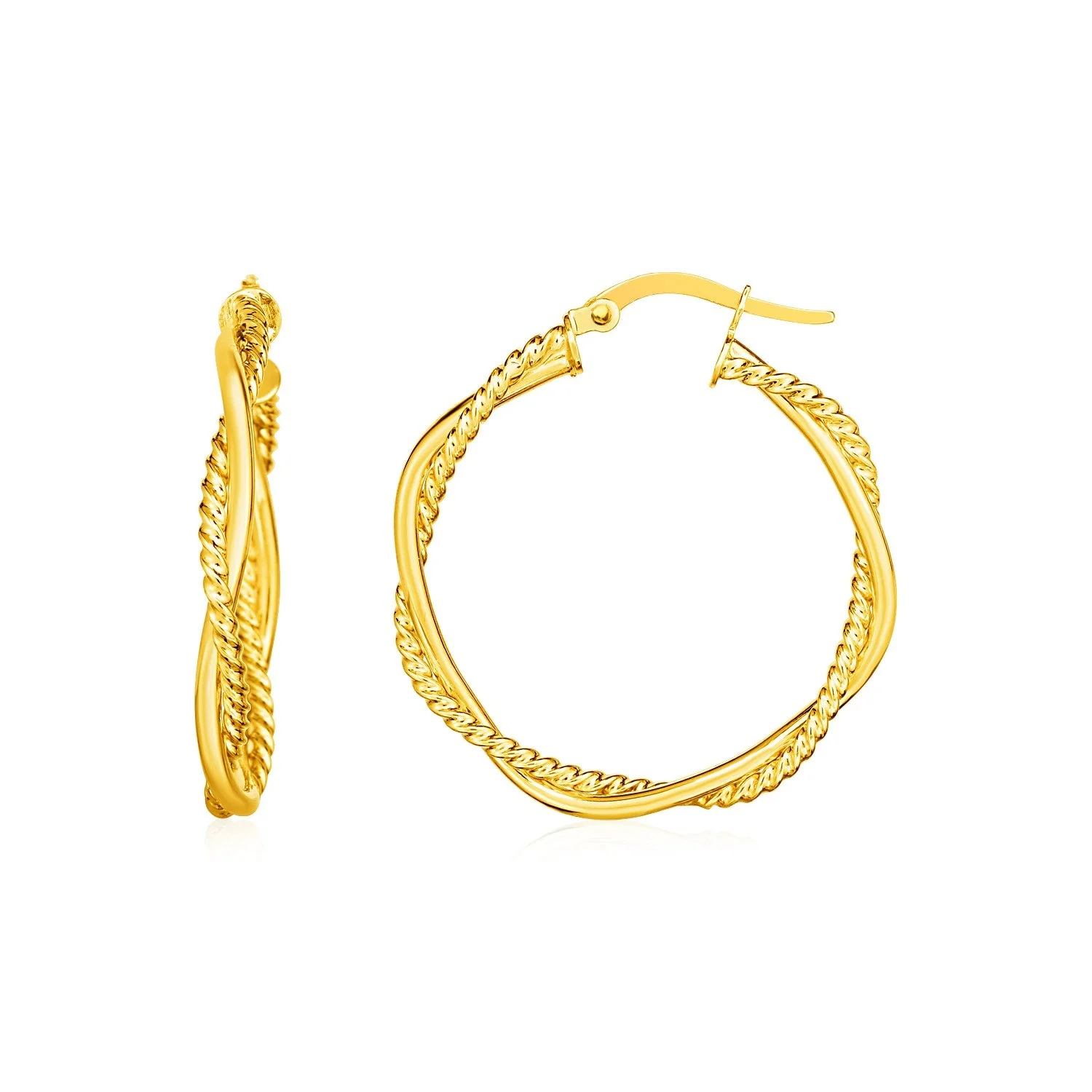 14k Yellow Gold Two Part Textured Twisted Round Hoop Earrings - Image 2