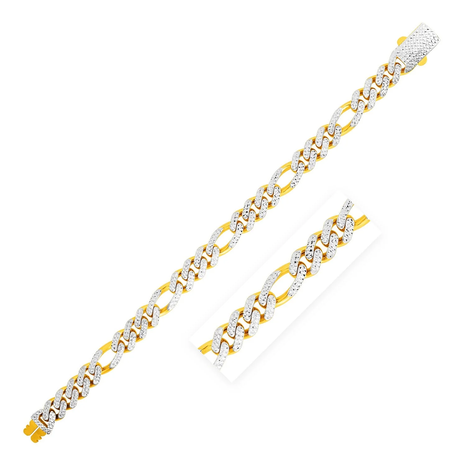 14k Yellow Gold White Pave High Polish Modern Lite Figaro Bracelet (9.5mm) - Image 3