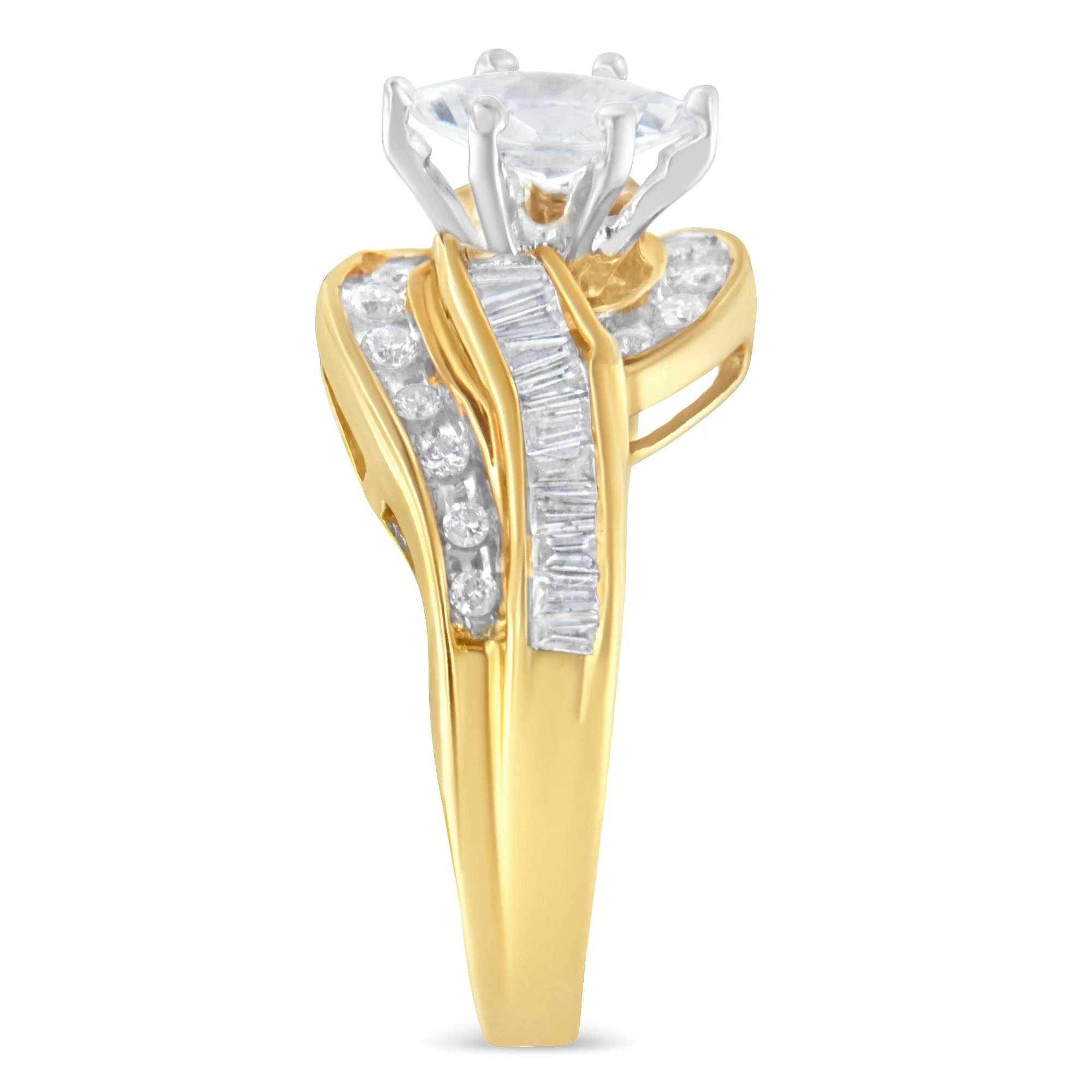 14KT Two-Toned Gold Marquise, Baguette and Round Cut Diamond Bypass Ring (1 cttw, H-I Color, SI1-SI2 Clarity) (Size 7) - Image 10