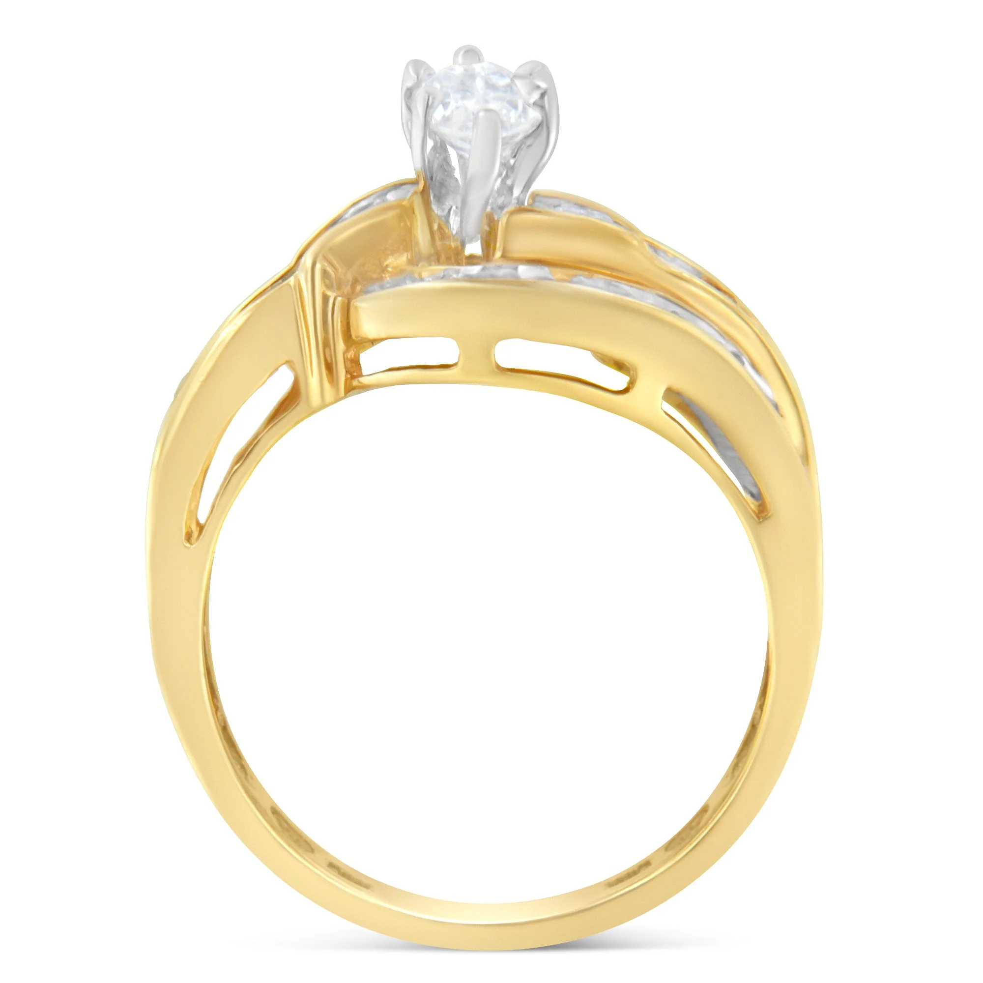 14KT Two-Toned Gold Marquise, Baguette and Round Cut Diamond Bypass Ring (1 cttw, H-I Color, SI1-SI2 Clarity) (Size 7) - Image 2