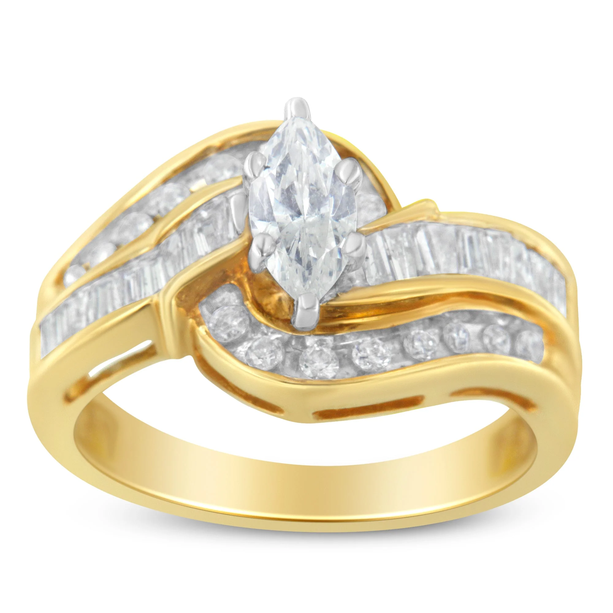 14KT Two-Toned Gold Marquise, Baguette and Round Cut Diamond Bypass Ring (1 cttw, H-I Color, SI1-SI2 Clarity) (Size 7) - Image 3
