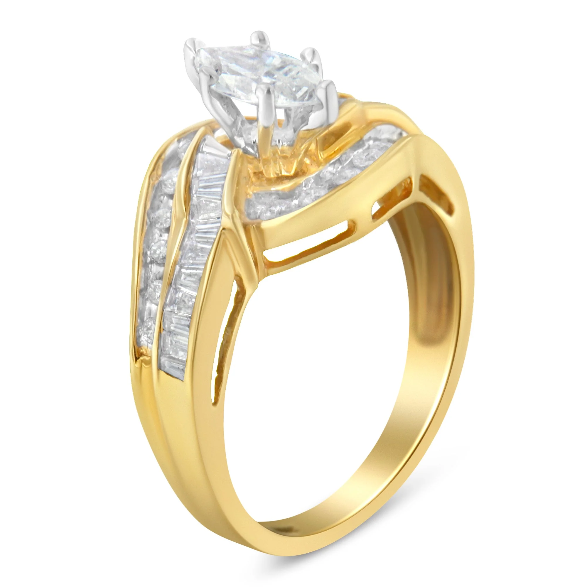 14KT Two-Toned Gold Marquise, Baguette and Round Cut Diamond Bypass Ring (1 cttw, H-I Color, SI1-SI2 Clarity) (Size 7) - Image 4