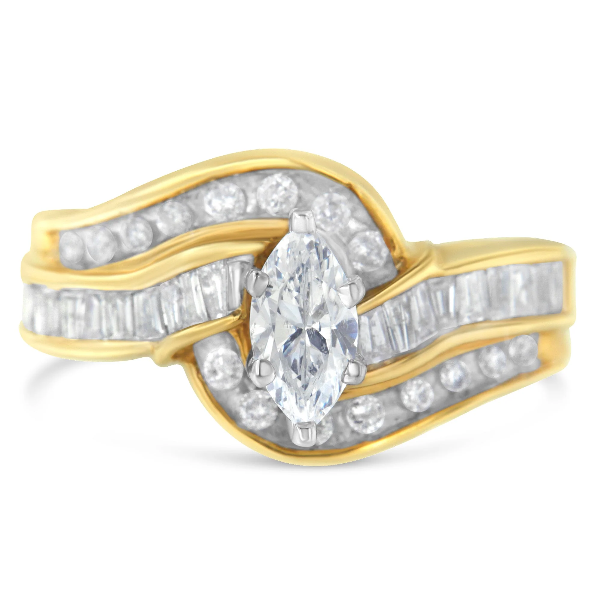 14KT Two-Toned Gold Marquise, Baguette and Round Cut Diamond Bypass Ring (1 cttw, H-I Color, SI1-SI2 Clarity) (Size 7) - Image 6