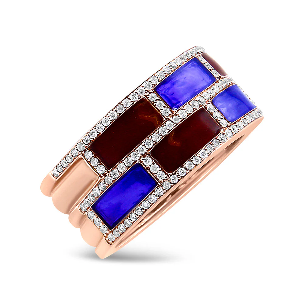 18K Rose Gold Alternating Red and Blue Enamel and 1/2 Cttw Diamond Studded Band Ring (F-G Color, VS1-VS2 Clarity) - Ring Size 7 - Image 2