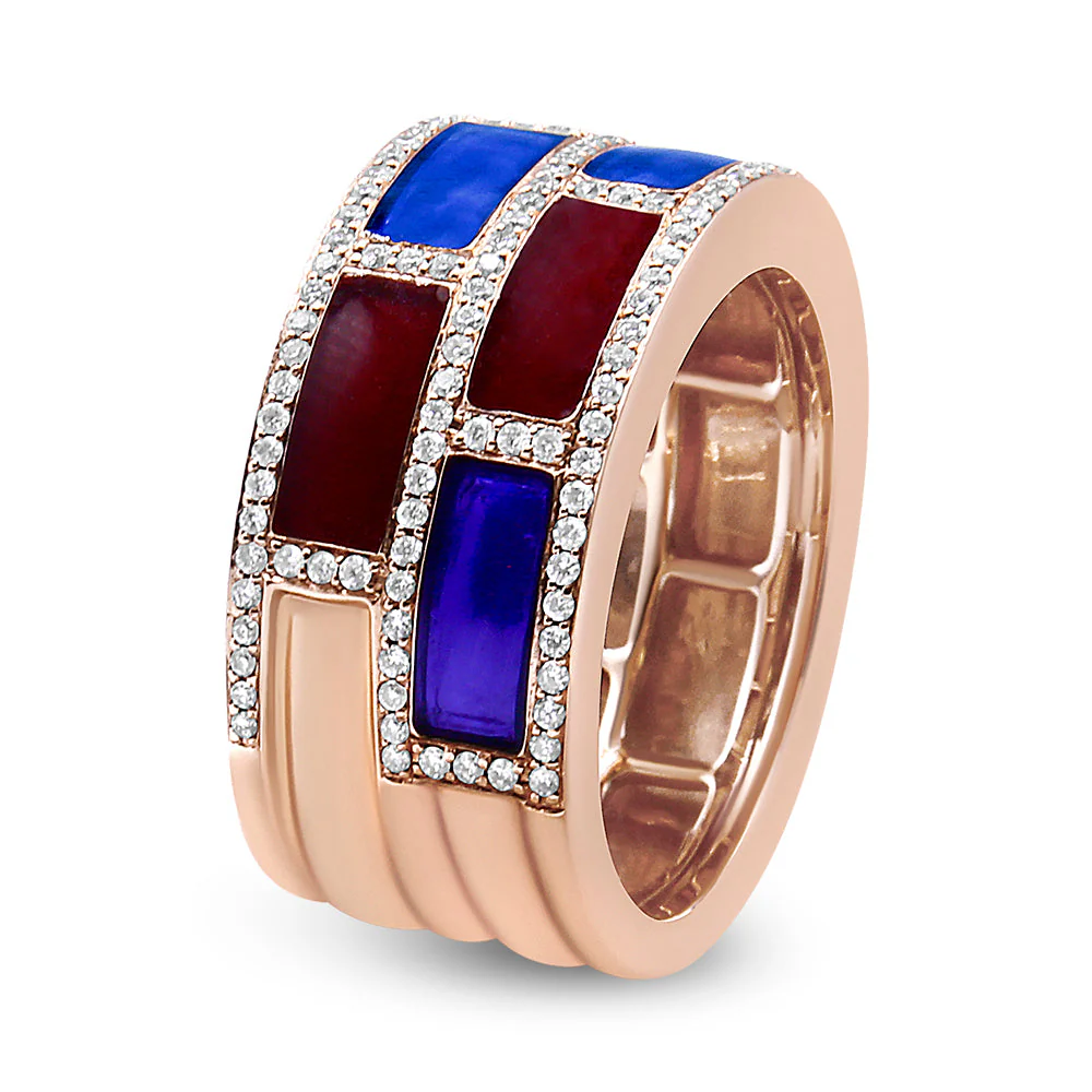18K Rose Gold Alternating Red and Blue Enamel and 1/2 Cttw Diamond Studded Band Ring (F-G Color, VS1-VS2 Clarity) - Ring Size 7 - Image 3