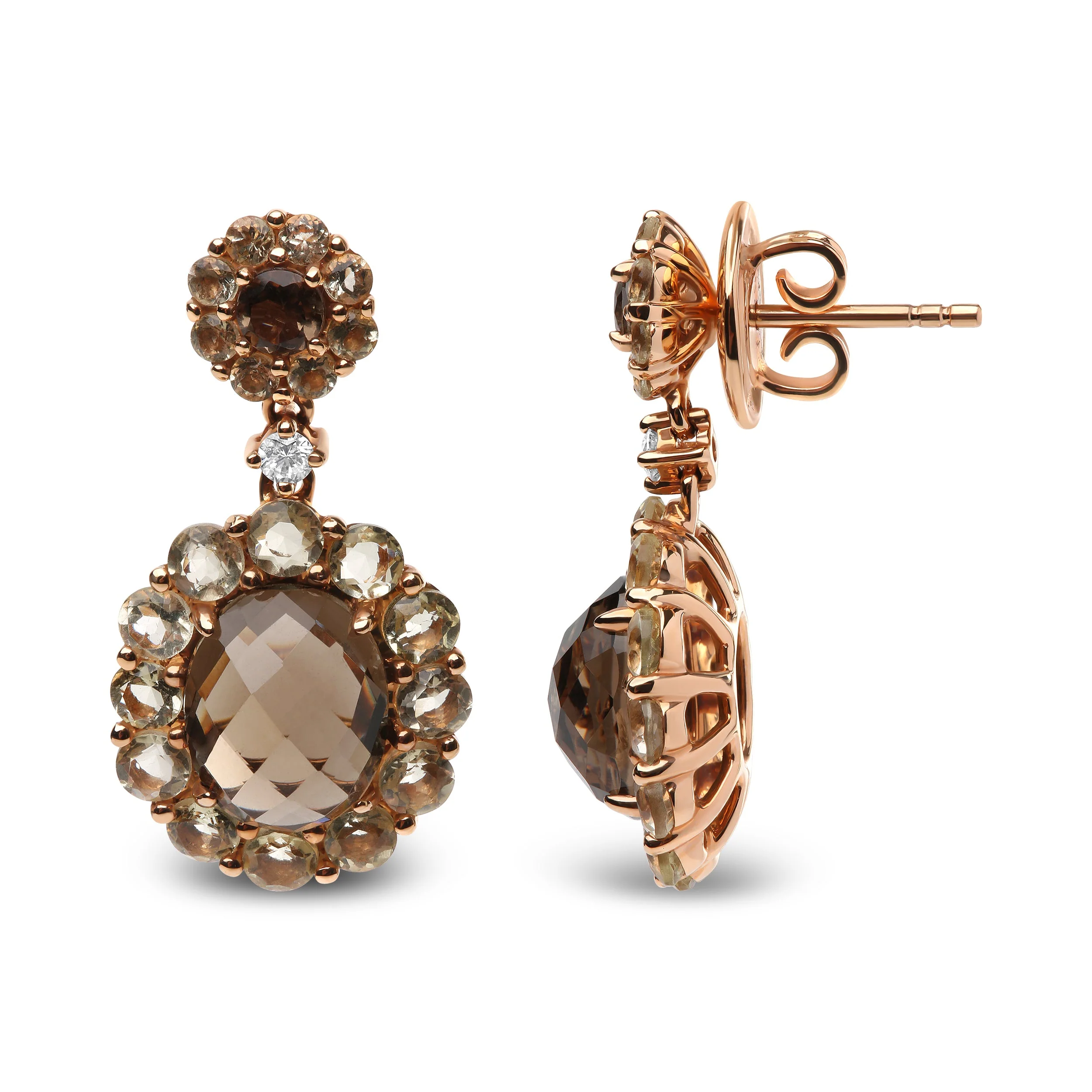 18K Rose Gold Diamond Accent and Lemon and Oval Smoky Color Quartz Gemstone Dangle Drop Earring (G-H Color, SI1-SI2 Clarity) - Image 6
