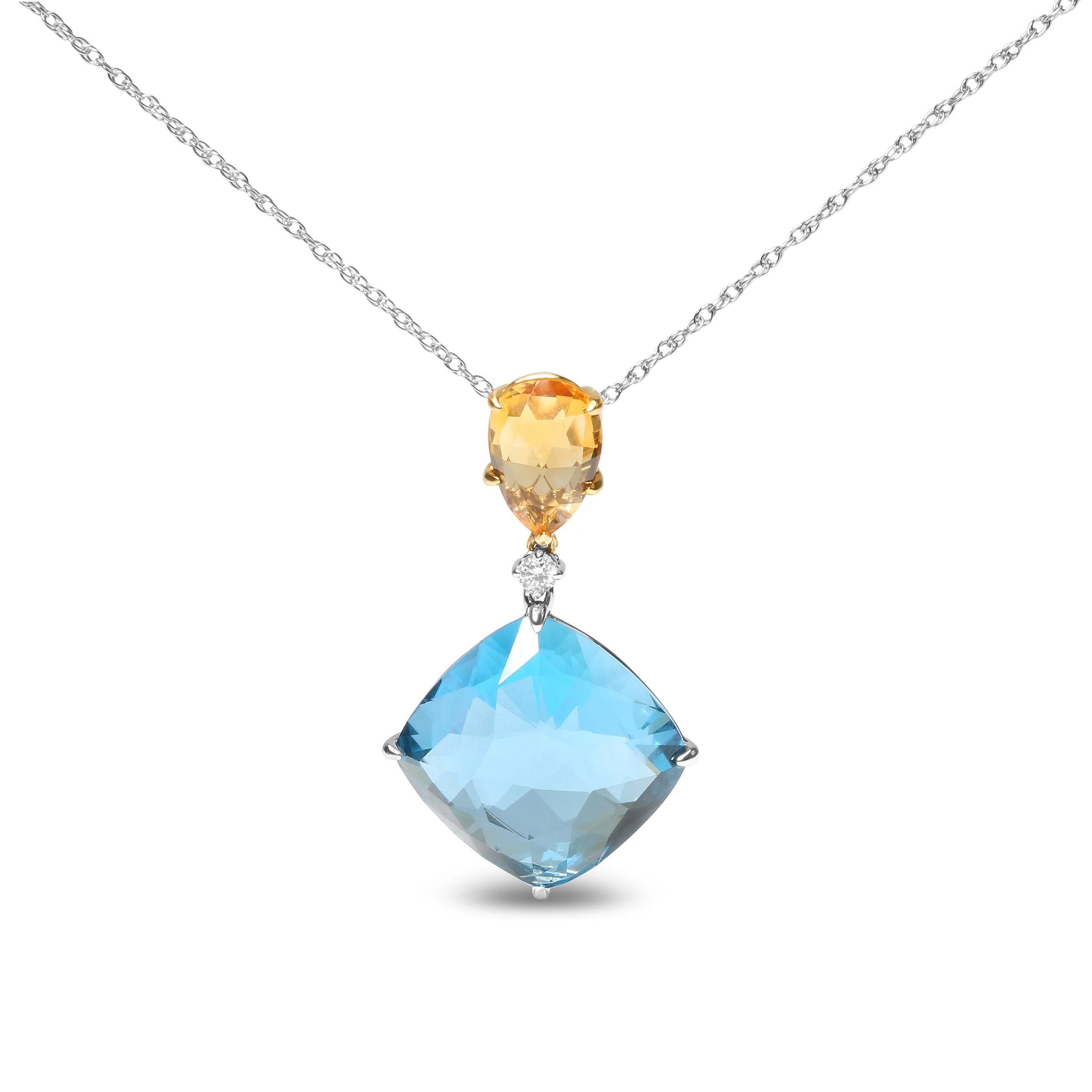 18K White and Yellow Gold Diamond Accent and Yellow Citrine and Sky Blue Topaz Gemstone Dangle Drop 18" Pendant Necklace (G-H Color, SI1-SI2 Clarity) - Image 4
