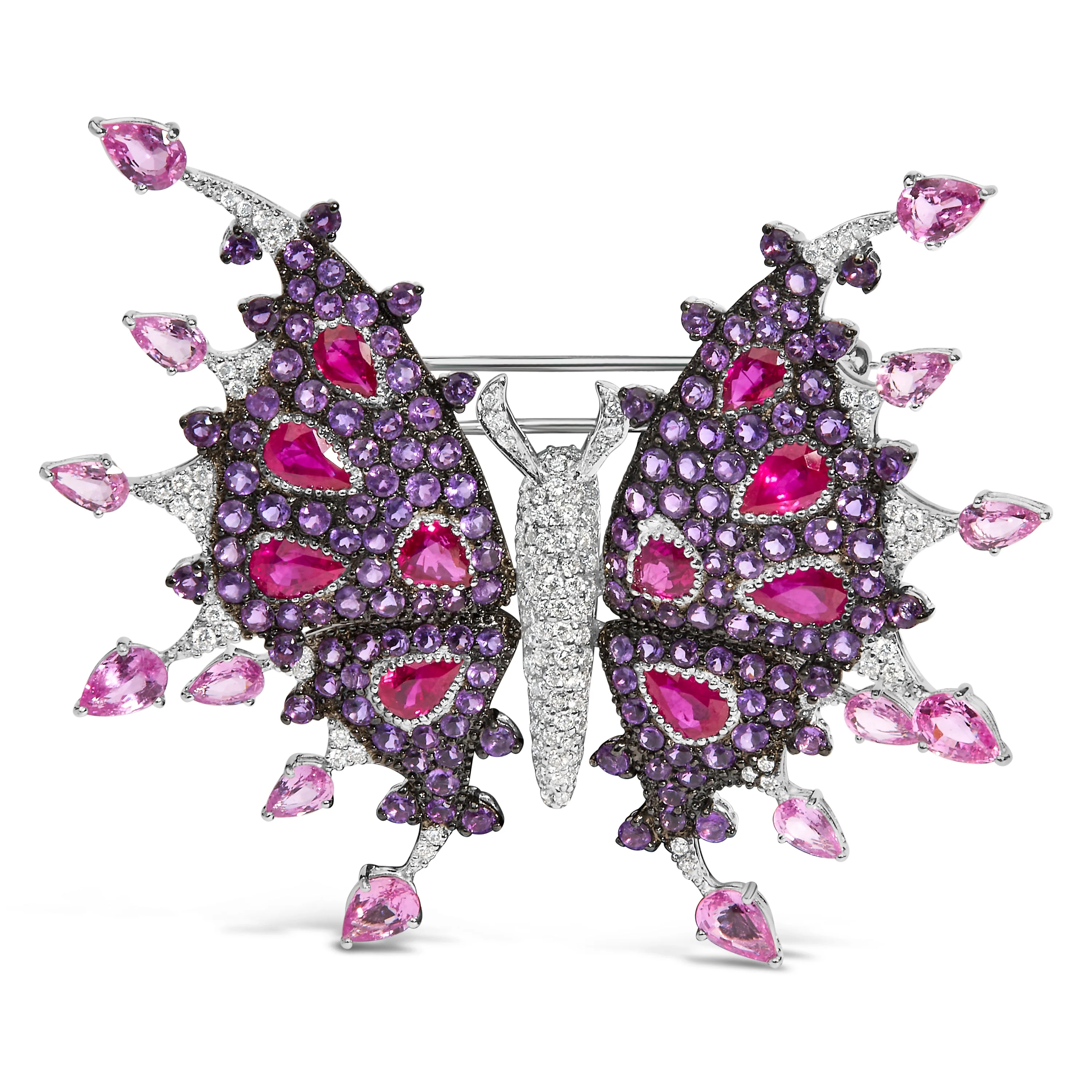 18K White Gold 1.00 Cttw Diamond, Ruby Sapphire, and Amethyst Mixed Gemstone Butterfly Brooch Pin (G-H Color, VS1-VS2 Clarity) - Image 5