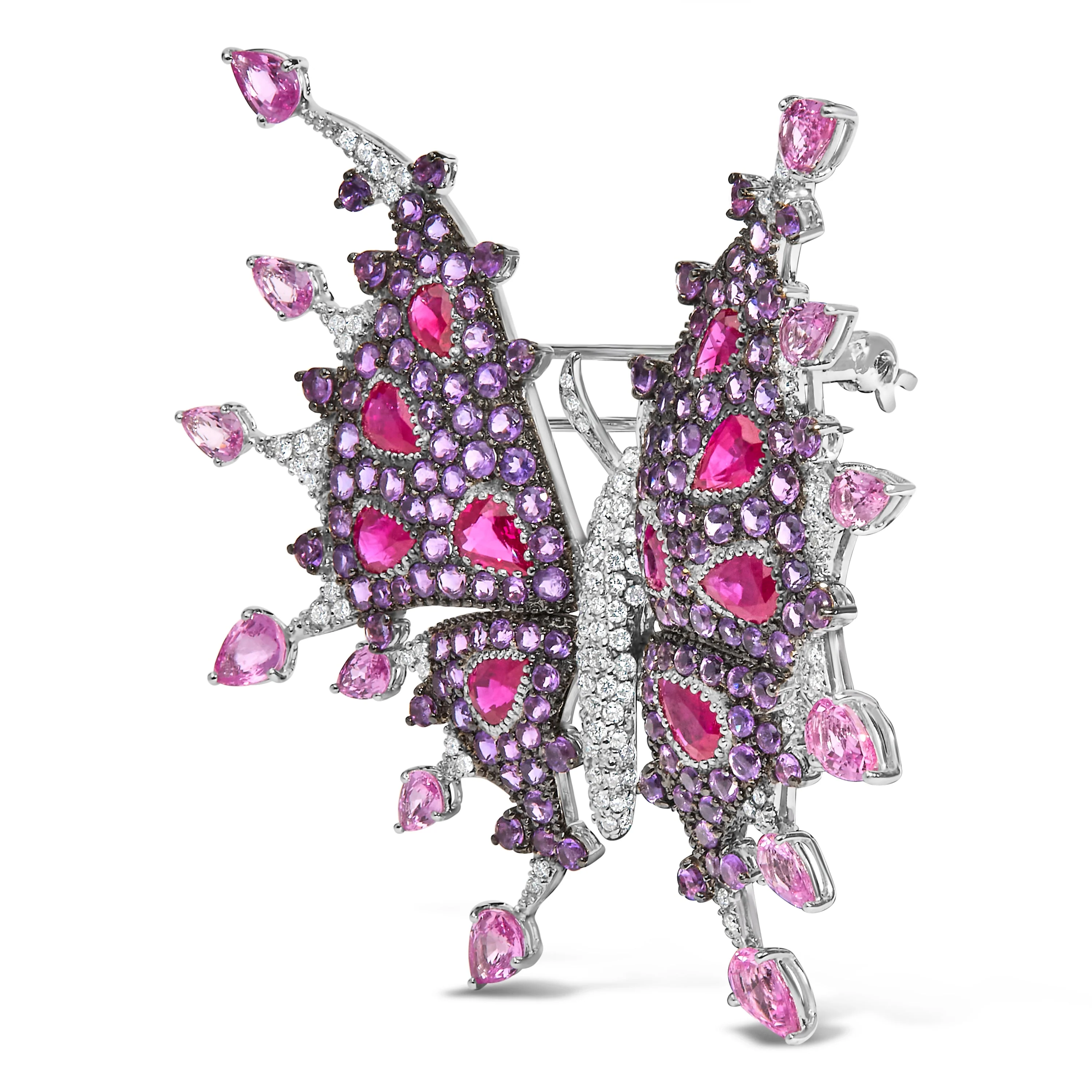 18K White Gold 1.00 Cttw Diamond, Ruby Sapphire, and Amethyst Mixed Gemstone Butterfly Brooch Pin (G-H Color, VS1-VS2 Clarity) - Image 6