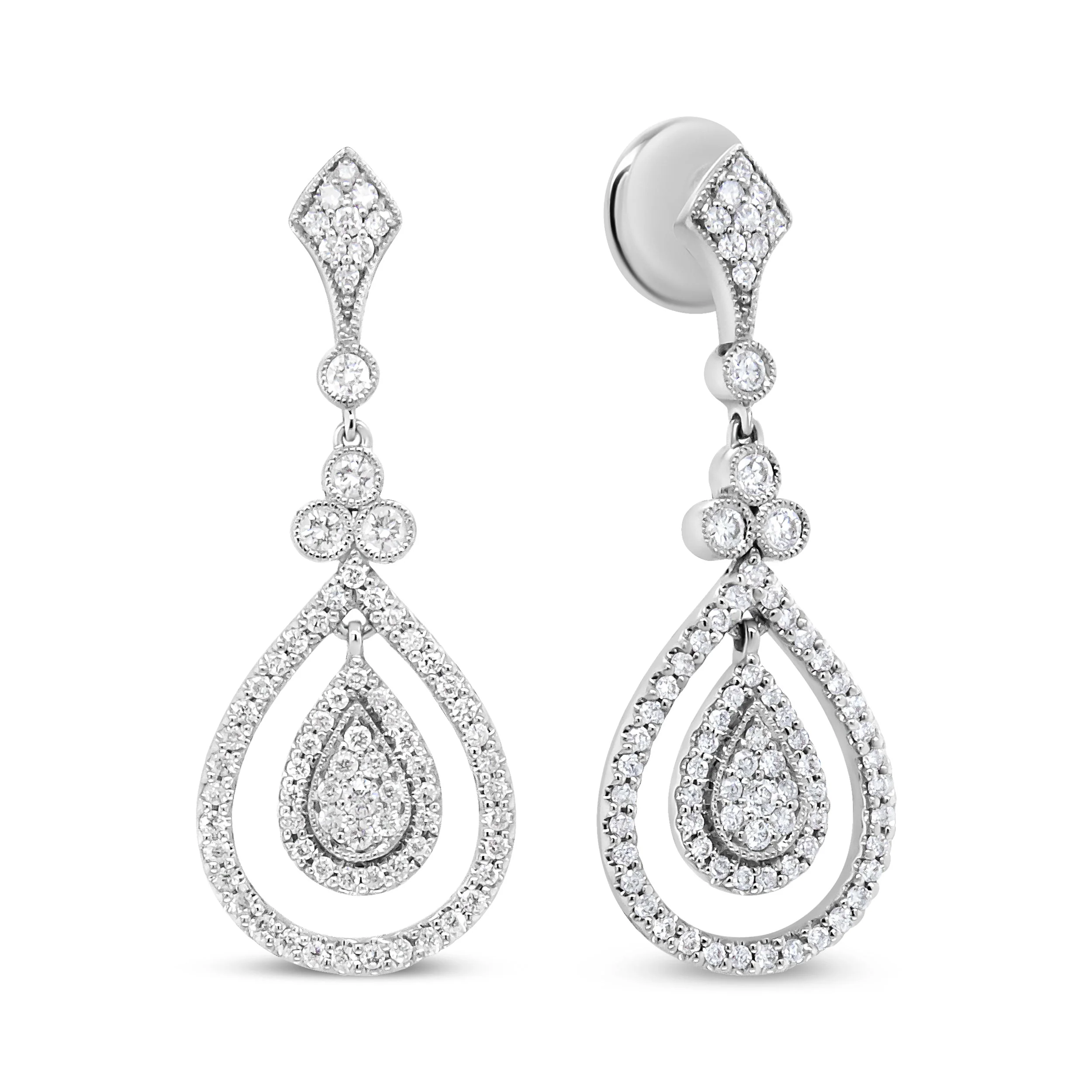 18K White Gold 1 1/4 Cttw Round Diamond Openwork Teardrop-Shaped Dangle Earrings (F-G Color, VS1-VS2 Clarity) - Image 2