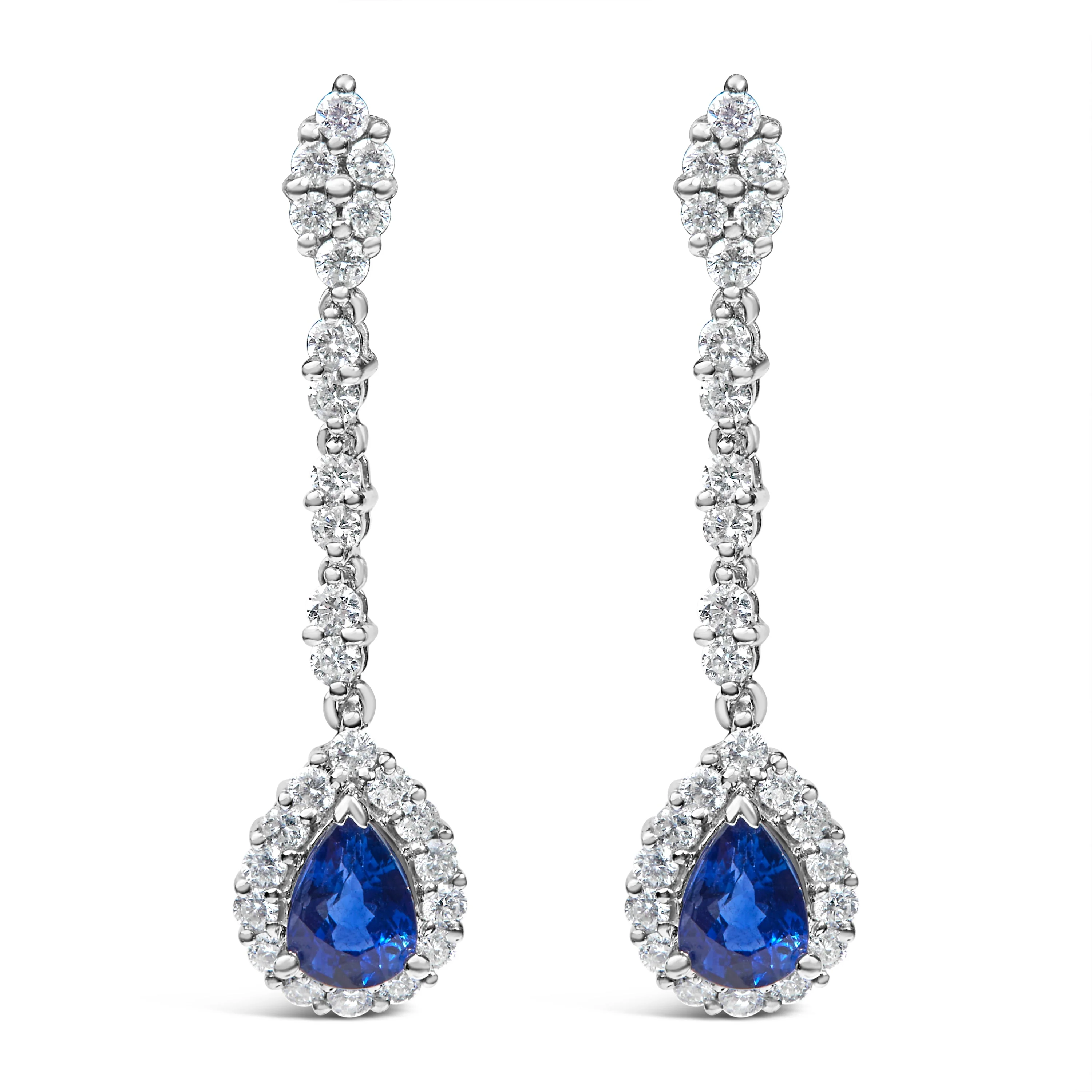 18K White Gold 1 3/5 Cttw Diamond and 7X5 MM Pear Shaped Blue Sapphire 1 1/3 Inch Drop and Dangle Halo Earrings (G-H Color, VS1-VS2 Clarity) - Image 4