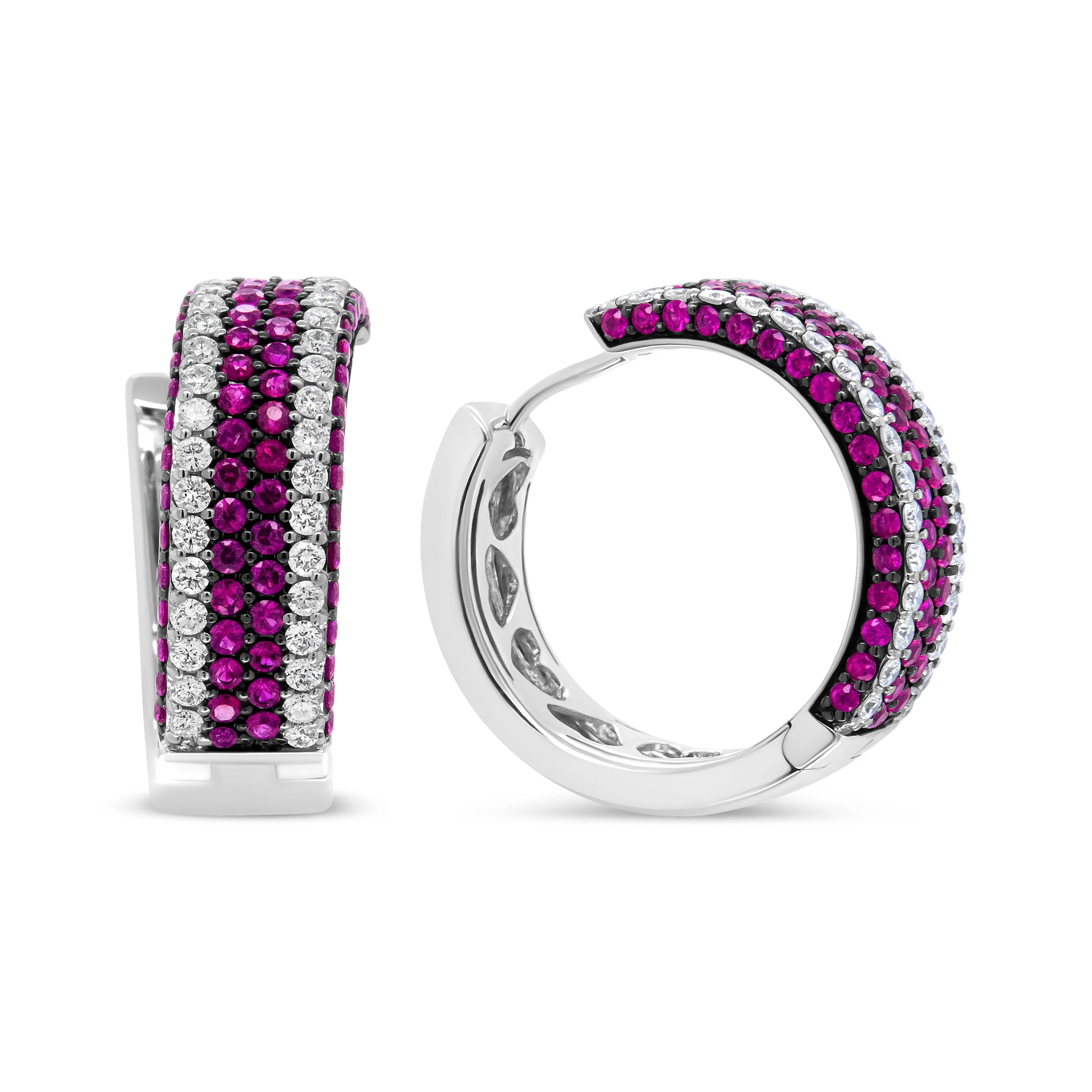 18K White Gold 1 7/8 Cttw Diamond and 1mm Round Red Ruby Open Swish Hoop Earrings (F-G Color, VS1-VS2 Clarity) - Image 10