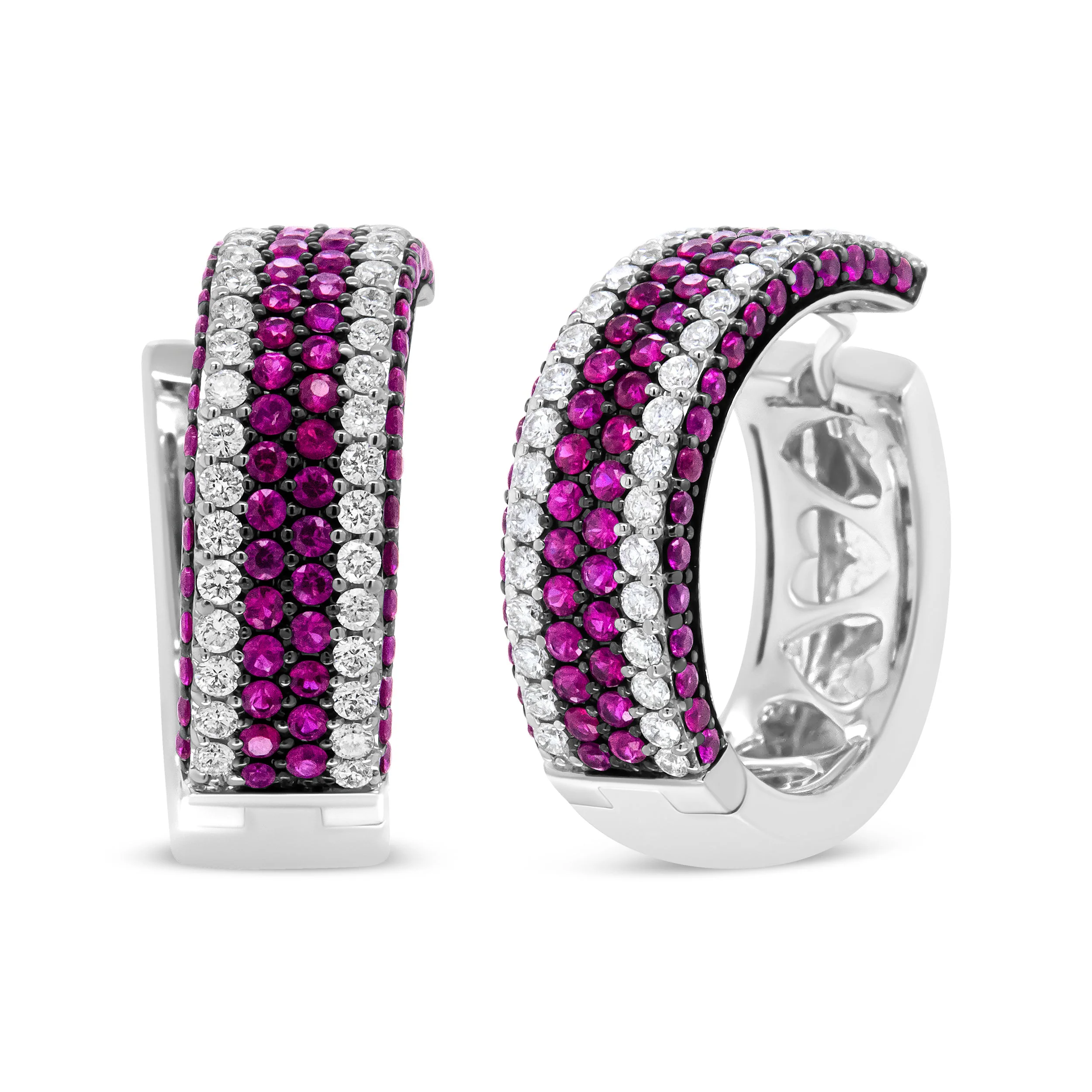 18K White Gold 1 7/8 Cttw Diamond and 1mm Round Red Ruby Open Swish Hoop Earrings (F-G Color, VS1-VS2 Clarity) - Image 5