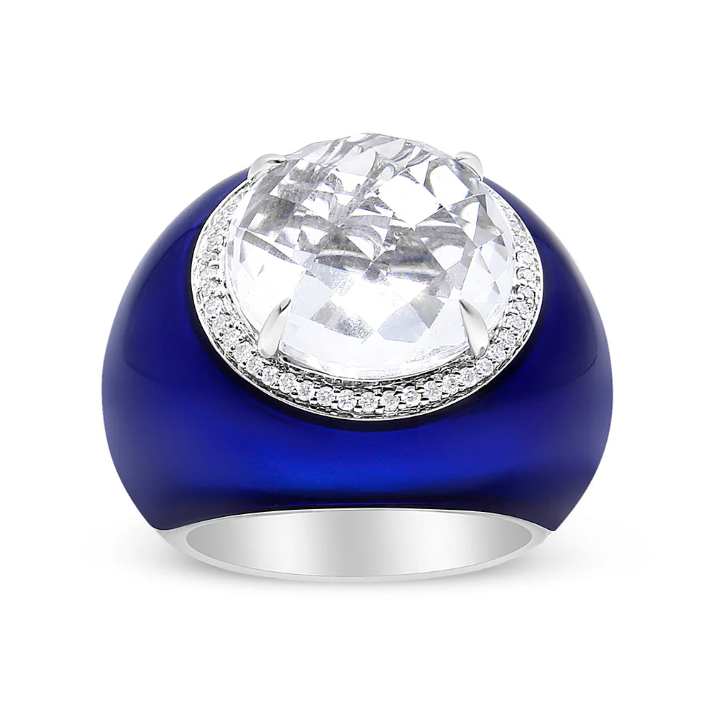 18K White Gold 14mm White Quartz and 1/5 Cttw Diamond Halo with Blue Enamel Dome Ring (F-G Color, VS1-VS2 Clarity) - Ring Size 7 - Image 2