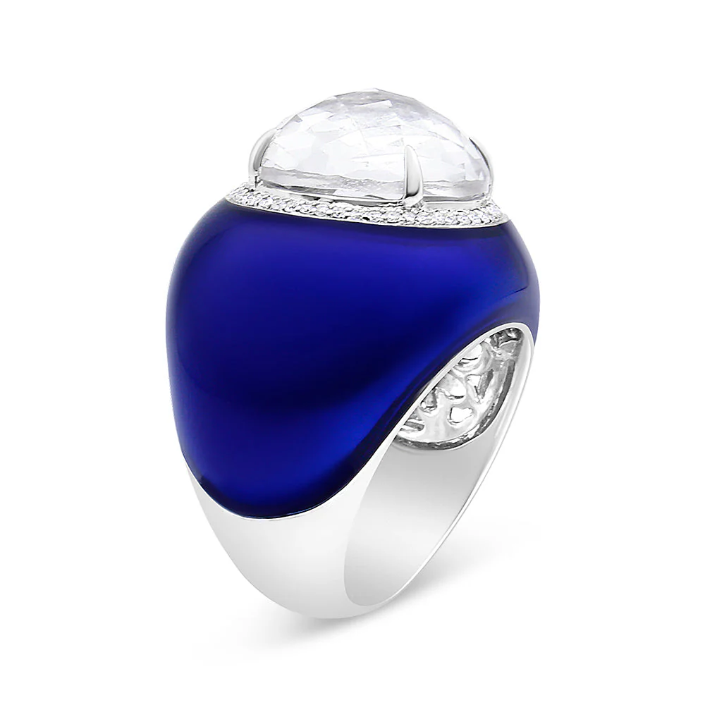 18K White Gold 14mm White Quartz and 1/5 Cttw Diamond Halo with Blue Enamel Dome Ring (F-G Color, VS1-VS2 Clarity) - Ring Size 7 - Image 3