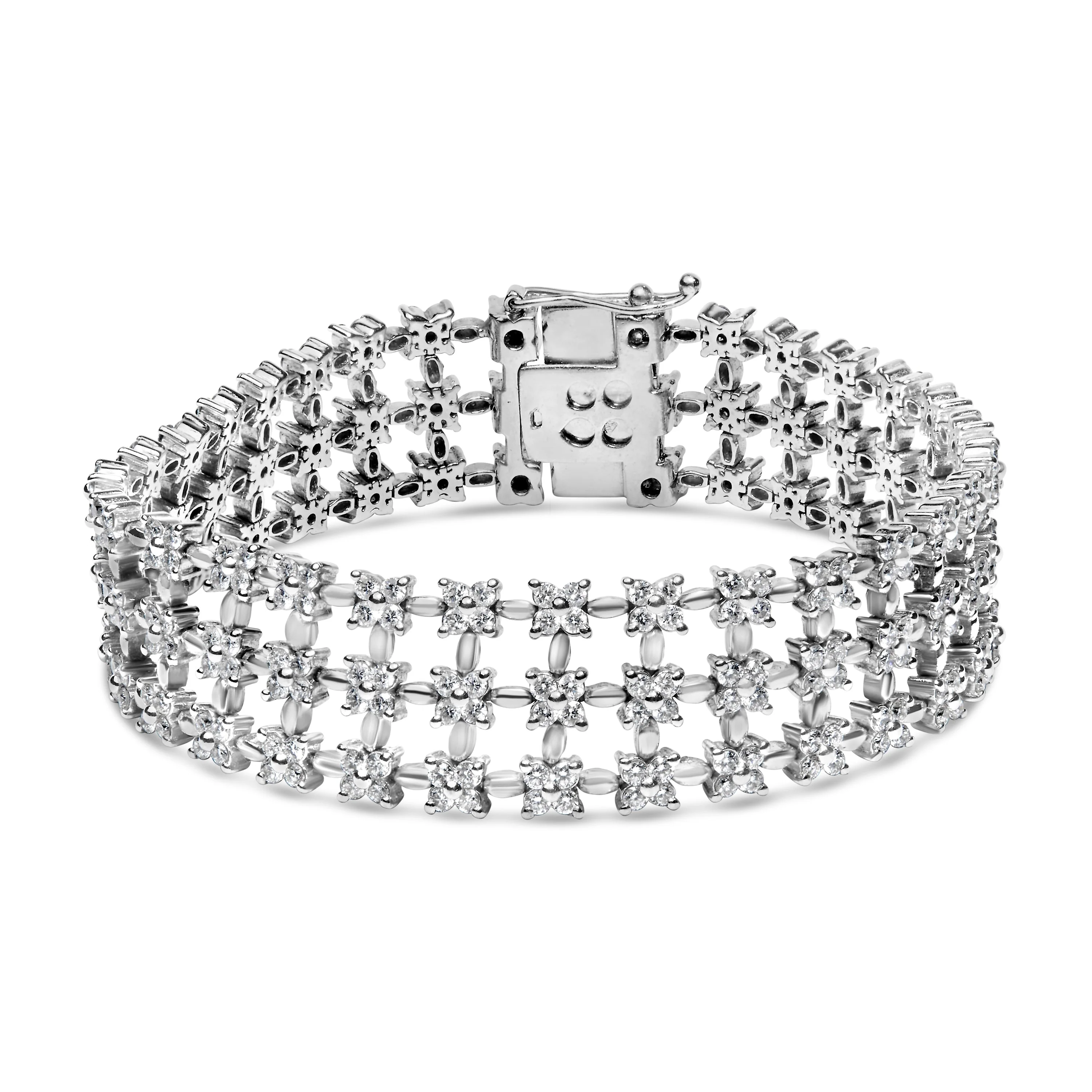 18K White Gold 7 1/2 Cttw Diamond 3 Row Floral Link Bracelet (G-H Color, VS1-VS2 Clarity) - 7 " Inches - Image 4