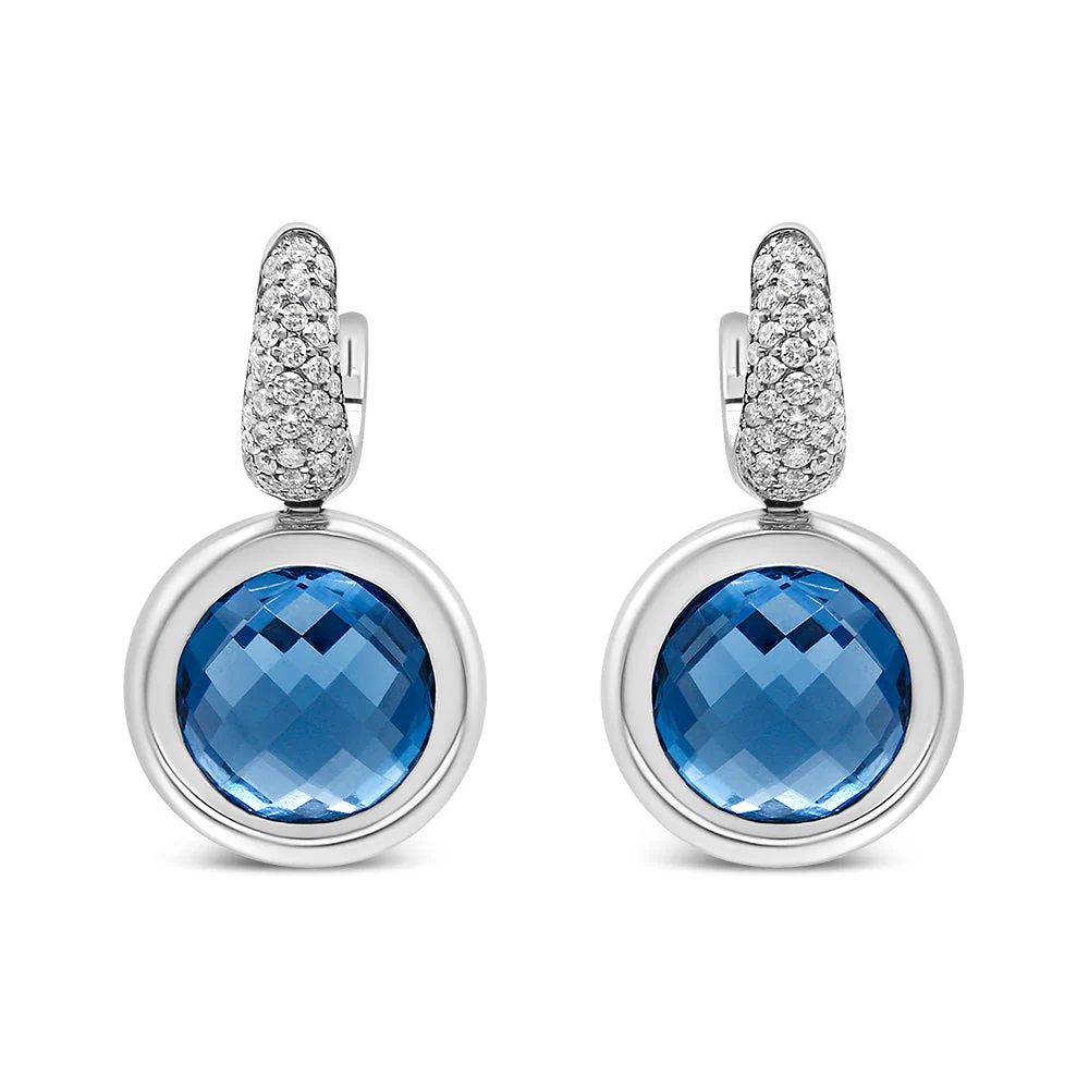 18K White Gold Bezel Set 11mm Blue Topaz and 1/2 Cttw Invisible Set Diamond Bale Dangle Earrings (F-G Color, VS1-VS2 Clarity)