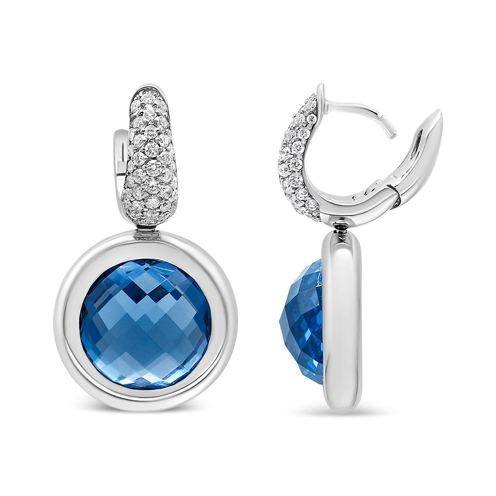 18K White Gold Bezel Set 11mm Blue Topaz and 1/2 Cttw Invisible Set Diamond Bale Dangle Earrings (F-G Color, VS1-VS2 Clarity) - Image 3