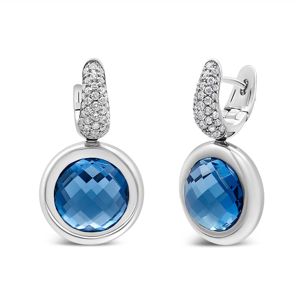 18K White Gold Bezel Set 11mm Blue Topaz and 1/2 Cttw Invisible Set Diamond Bale Dangle Earrings (F-G Color, VS1-VS2 Clarity) - Image 5