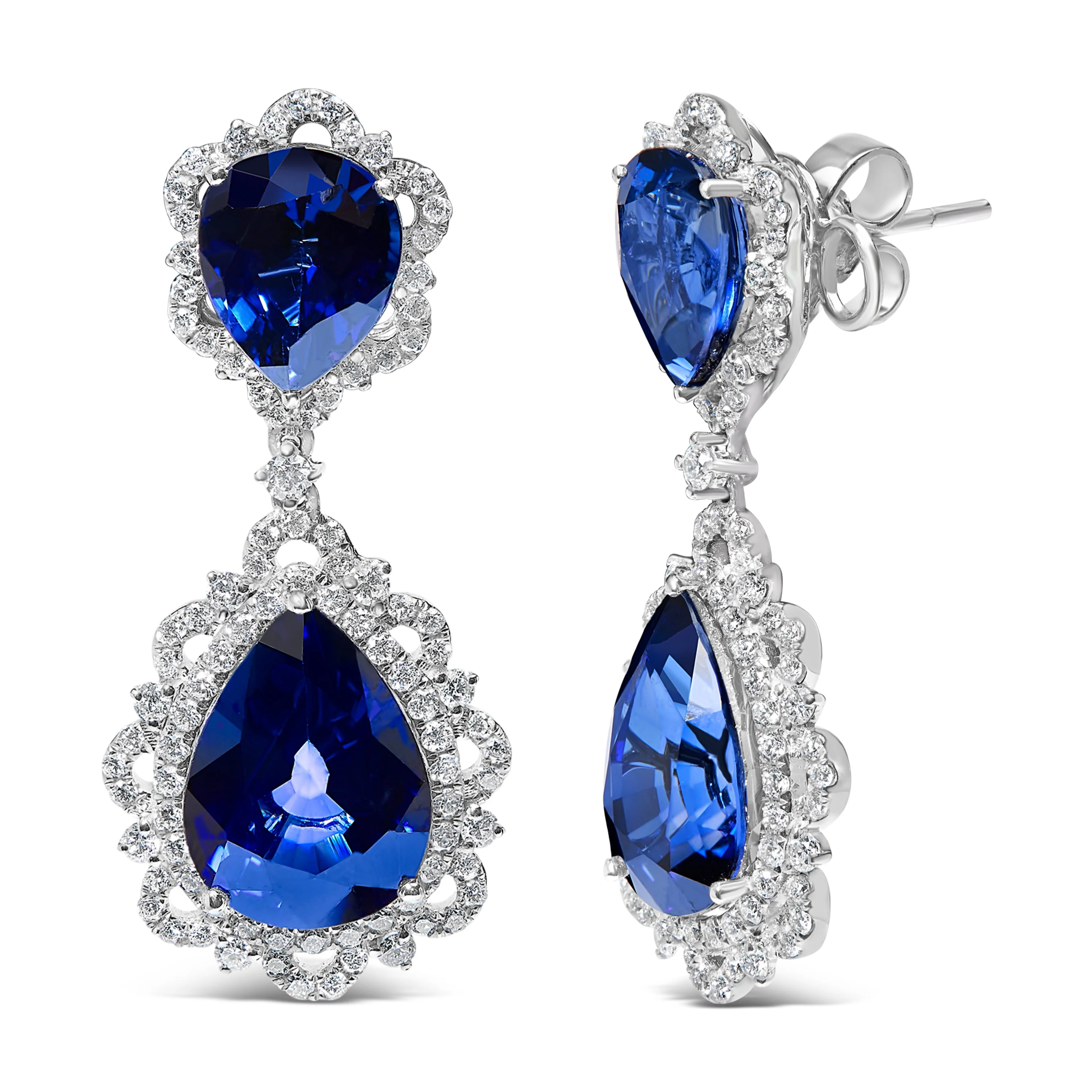 18K White Gold Blue Sapphire and Diamond 2.00 Cttw Diamond Halo Drop and Dangle Earring (G-H Color, SI1-SI2 Clarity) - Image 2