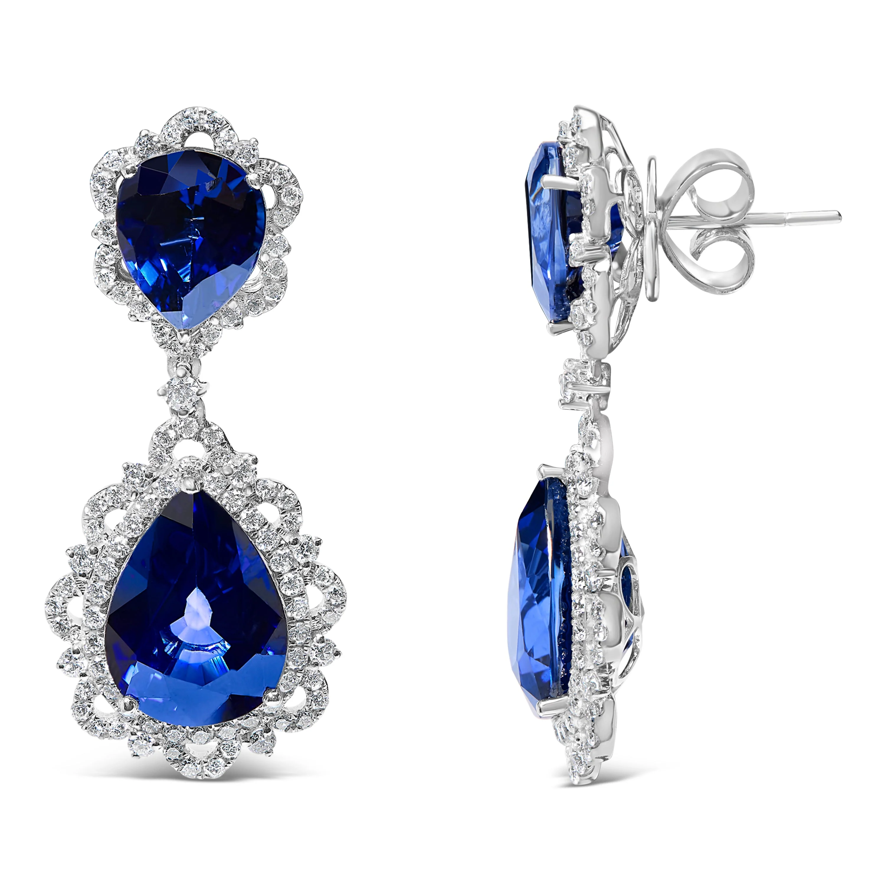 18K White Gold Blue Sapphire and Diamond 2.00 Cttw Diamond Halo Drop and Dangle Earring (G-H Color, SI1-SI2 Clarity) - Image 3