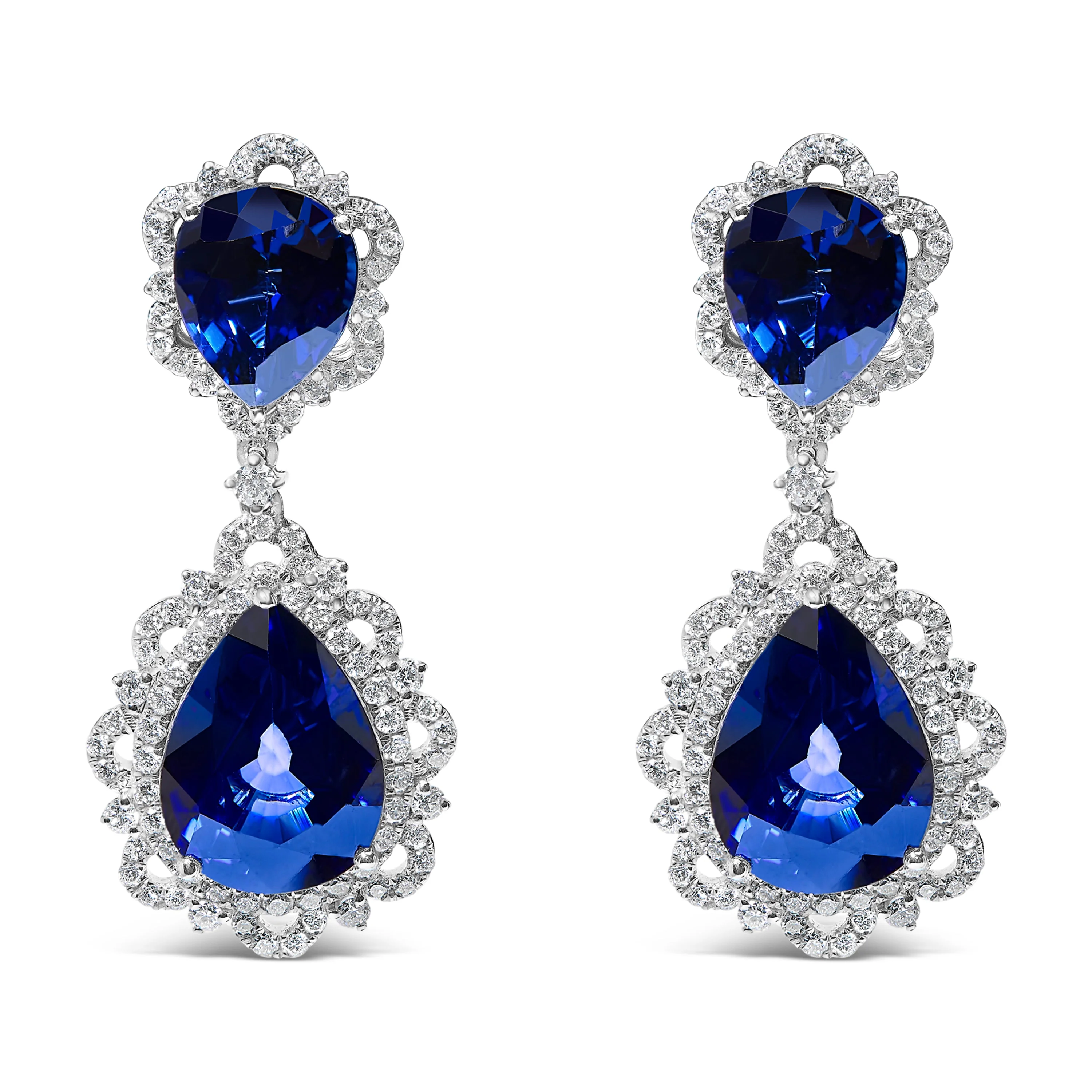 18K White Gold Blue Sapphire and Diamond 2.00 Cttw Diamond Halo Drop and Dangle Earring (G-H Color, SI1-SI2 Clarity) - Image 4
