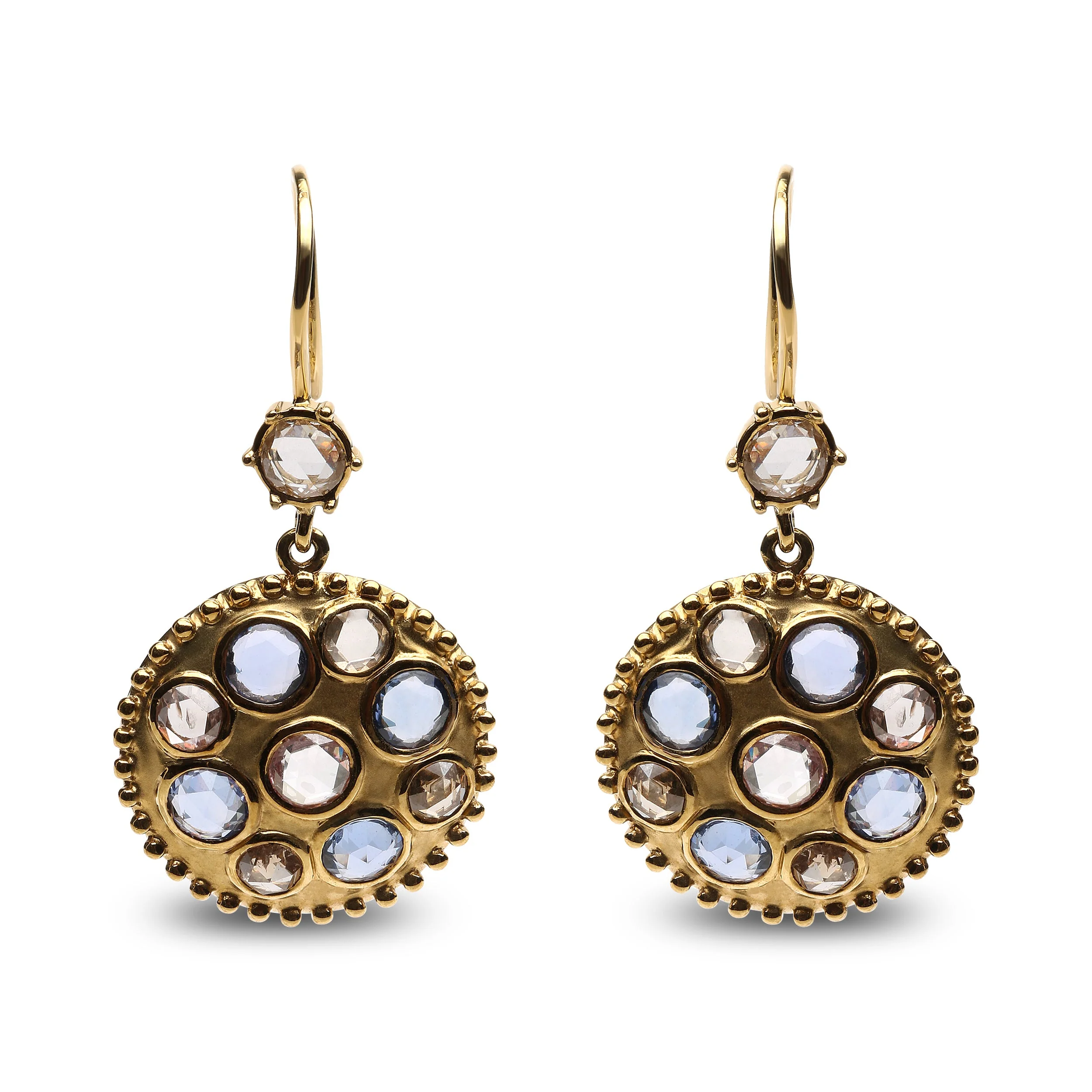18K Yellow Gold 1 2/3 Cttw Diamond and Blue Sapphire Bezel Set Gemstone Cluster Medallion Dangle Earrings (Brown and G-H Color, SI1-SI2 Clarity)