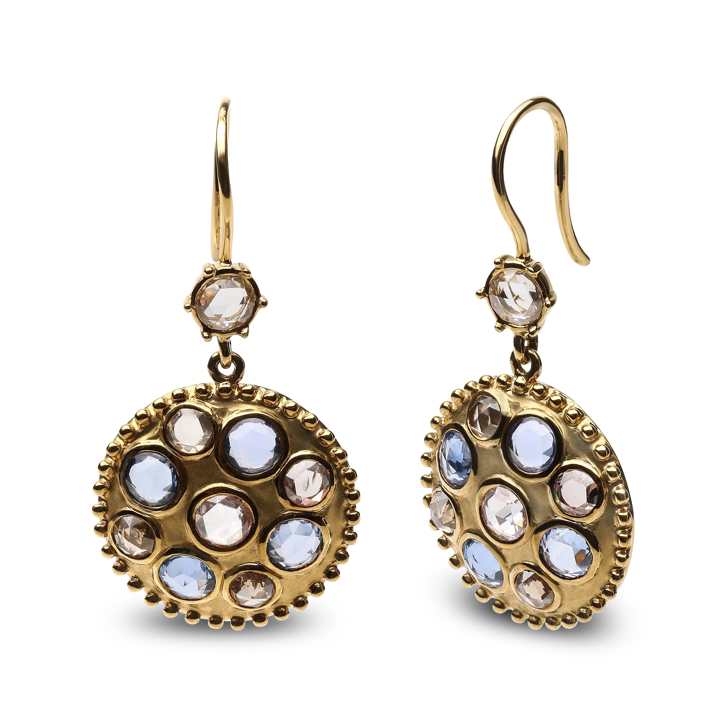 18K Yellow Gold 1 2/3 Cttw Diamond and Blue Sapphire Bezel Set Gemstone Cluster Medallion Dangle Earrings (Brown and G-H Color, SI1-SI2 Clarity) - Image 2