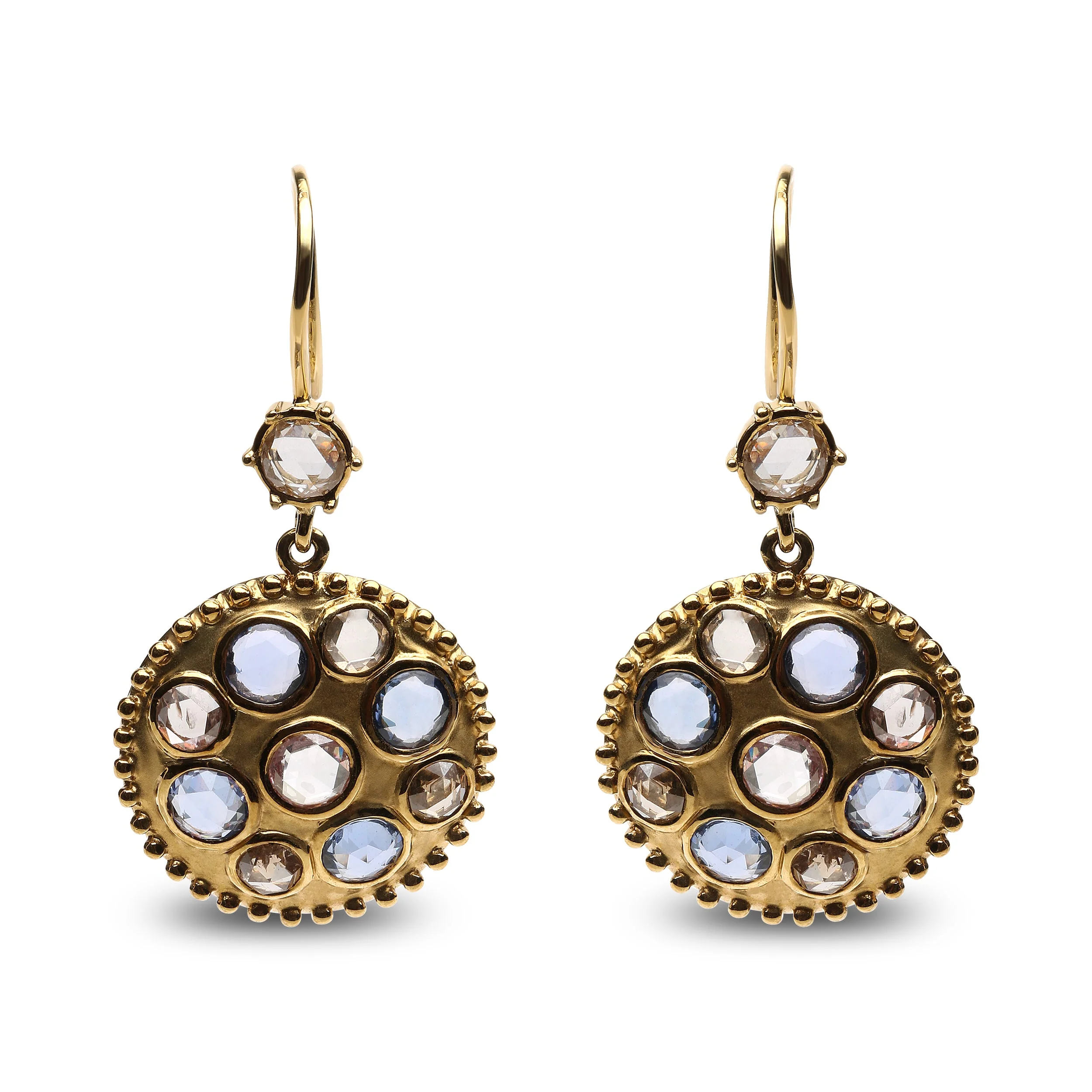 18K Yellow Gold 1 2/3 Cttw Diamond and Blue Sapphire Bezel Set Gemstone Cluster Medallion Dangle Earrings (Brown and G-H Color, SI1-SI2 Clarity) - Image 4