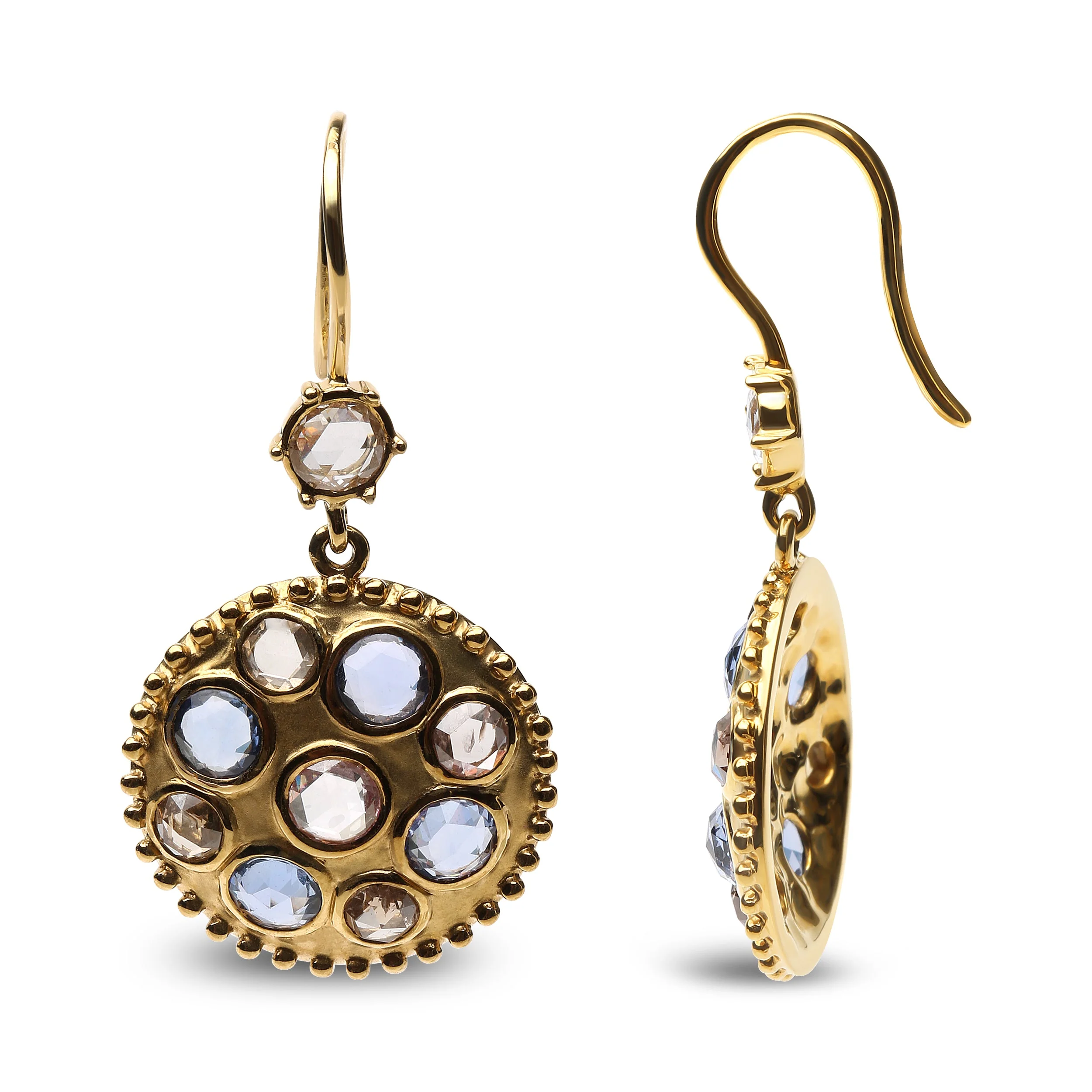 18K Yellow Gold 1 2/3 Cttw Diamond and Blue Sapphire Bezel Set Gemstone Cluster Medallion Dangle Earrings (Brown and G-H Color, SI1-SI2 Clarity) - Image 6