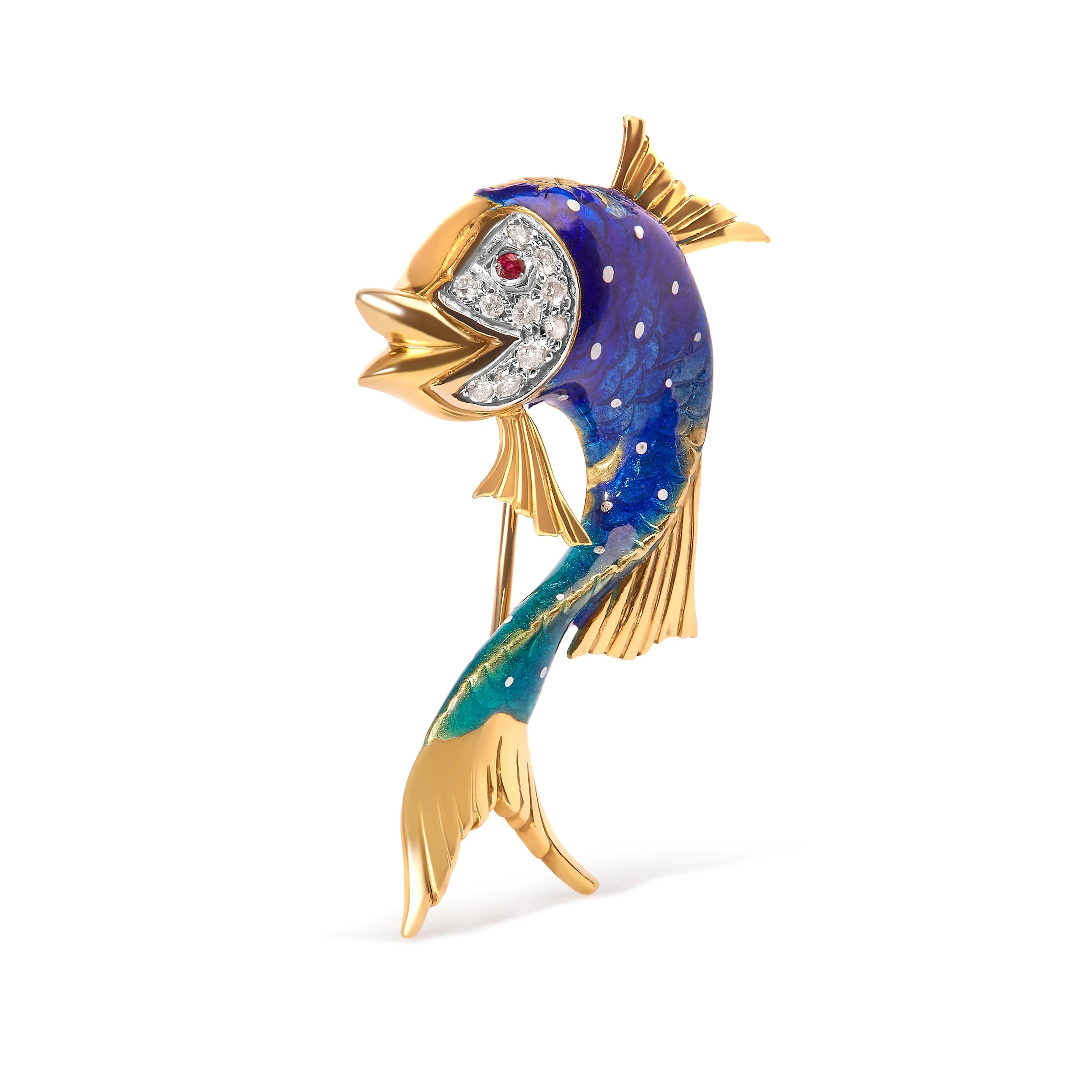 18K Yellow Gold and Blue Enamel Diamond and Pink Sapphire Fish Brooch Pin (H-I Color, VS2-SI1 Clarity) - Image 2