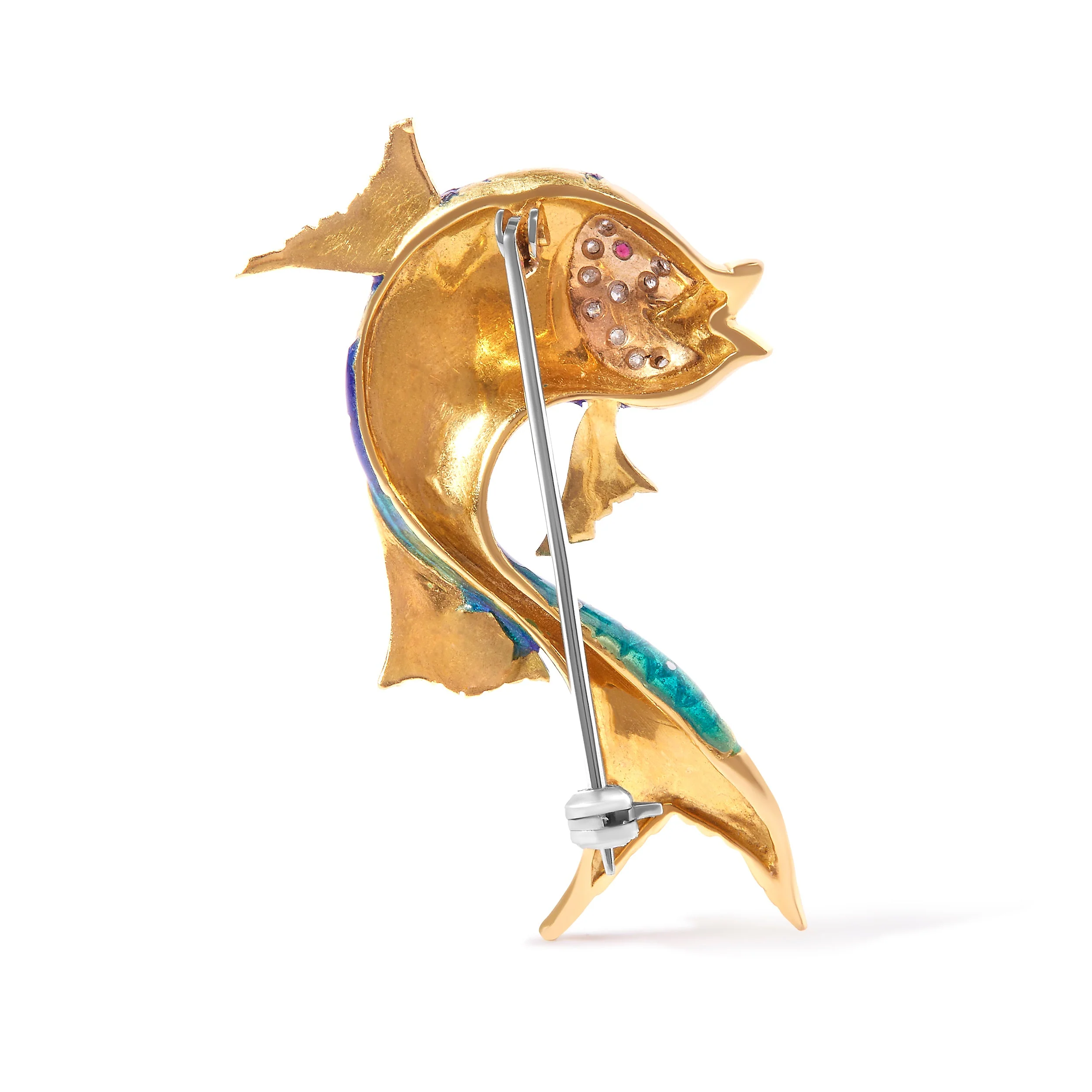 18K Yellow Gold and Blue Enamel Diamond and Pink Sapphire Fish Brooch Pin (H-I Color, VS2-SI1 Clarity) - Image 3