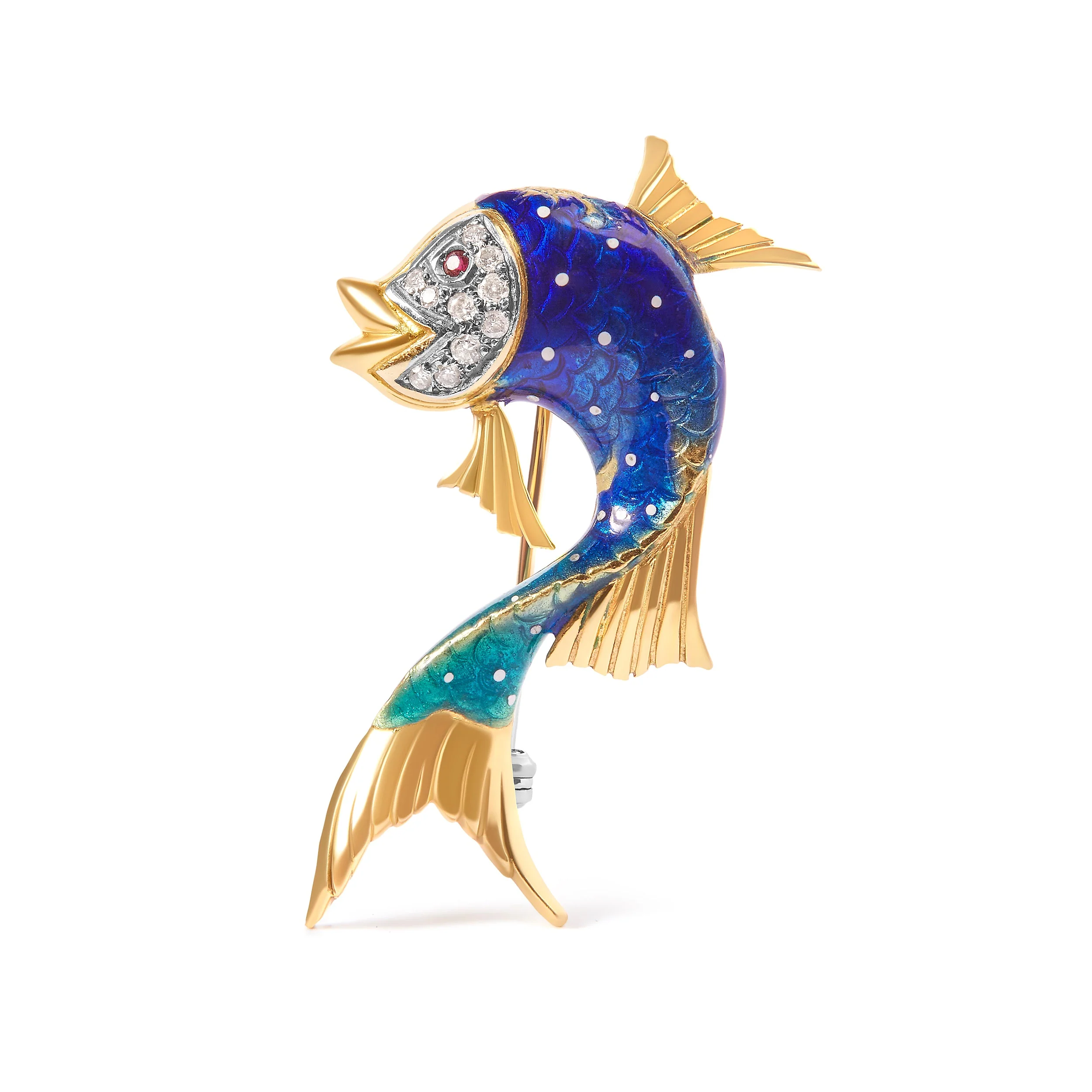 18K Yellow Gold and Blue Enamel Diamond and Pink Sapphire Fish Brooch Pin (H-I Color, VS2-SI1 Clarity) - Image 4