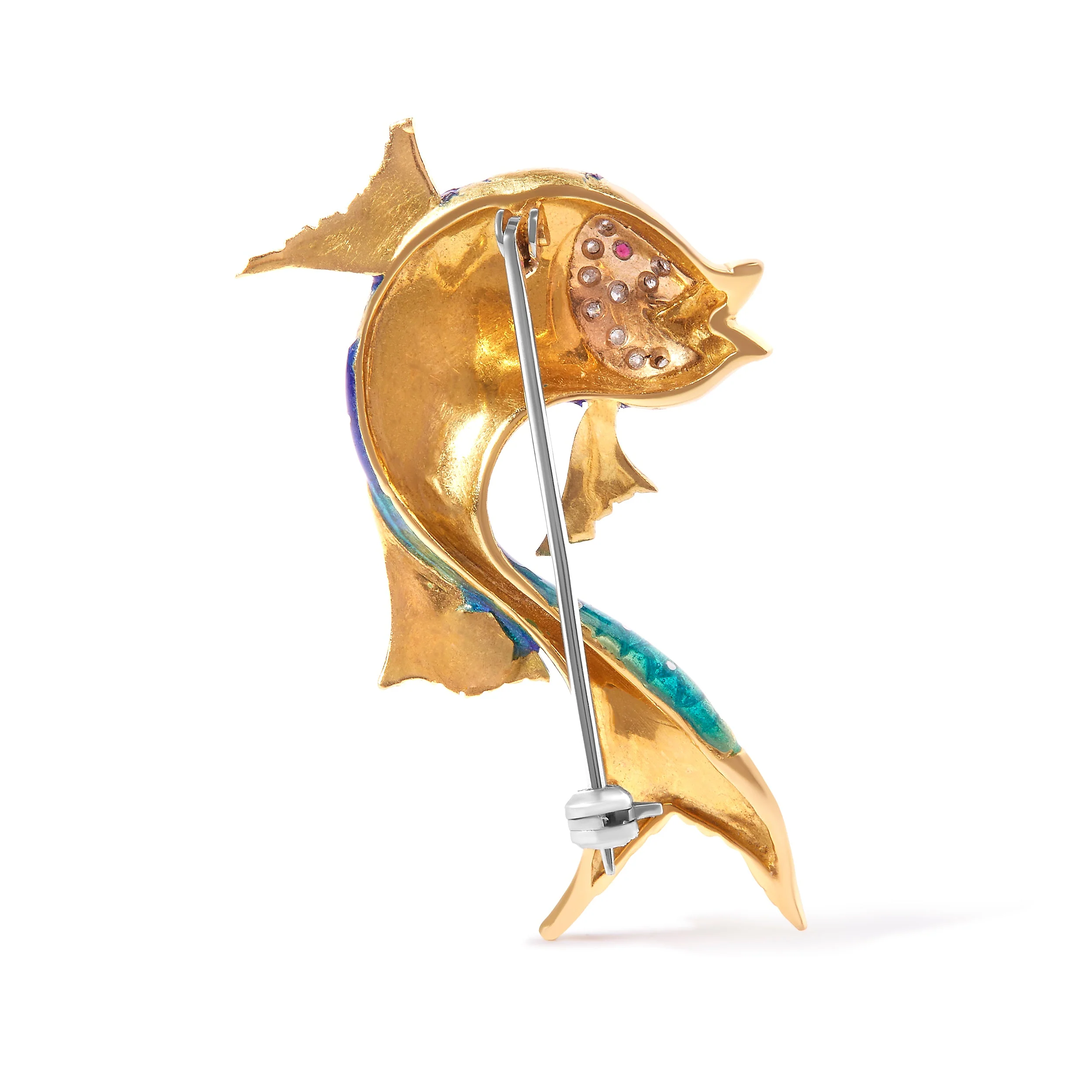 18K Yellow Gold and Blue Enamel Diamond and Pink Sapphire Fish Brooch Pin (H-I Color, VS2-SI1 Clarity) - Image 6