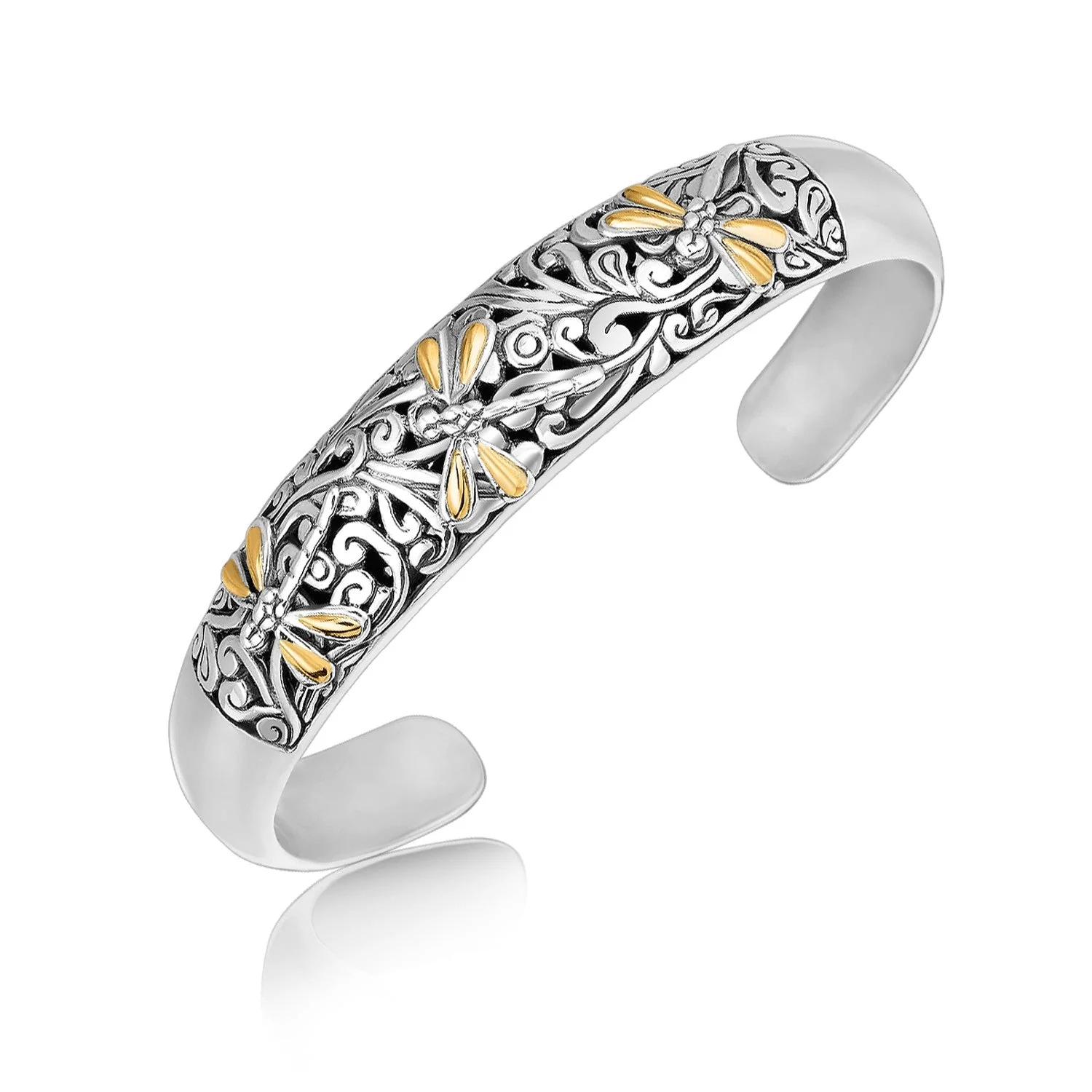 18k Yellow Gold and Sterling Silver Cuff with Dragonfly and Flourishes - Image 2