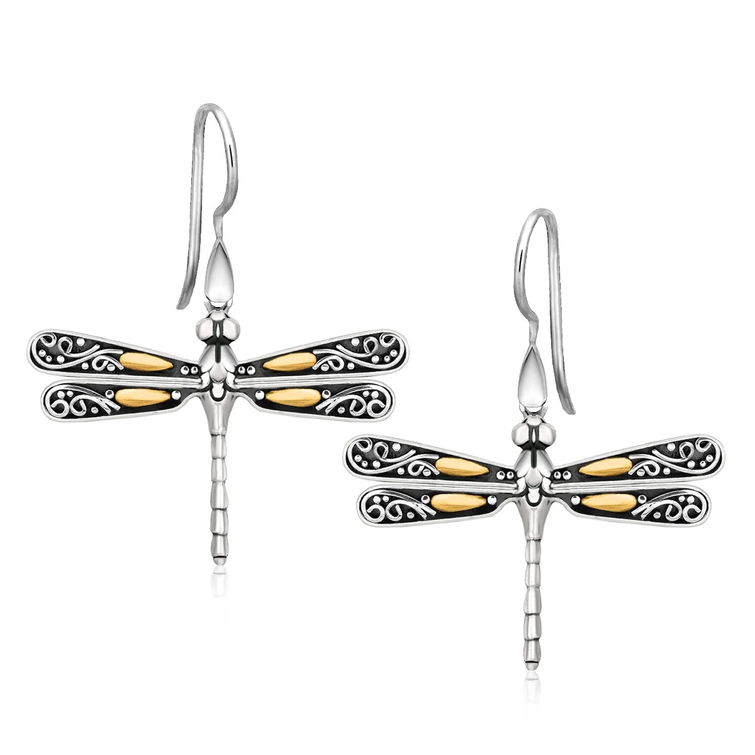 18k Yellow Gold and Sterling Silver Dragonfly Motif Drop Earrings - Image 2