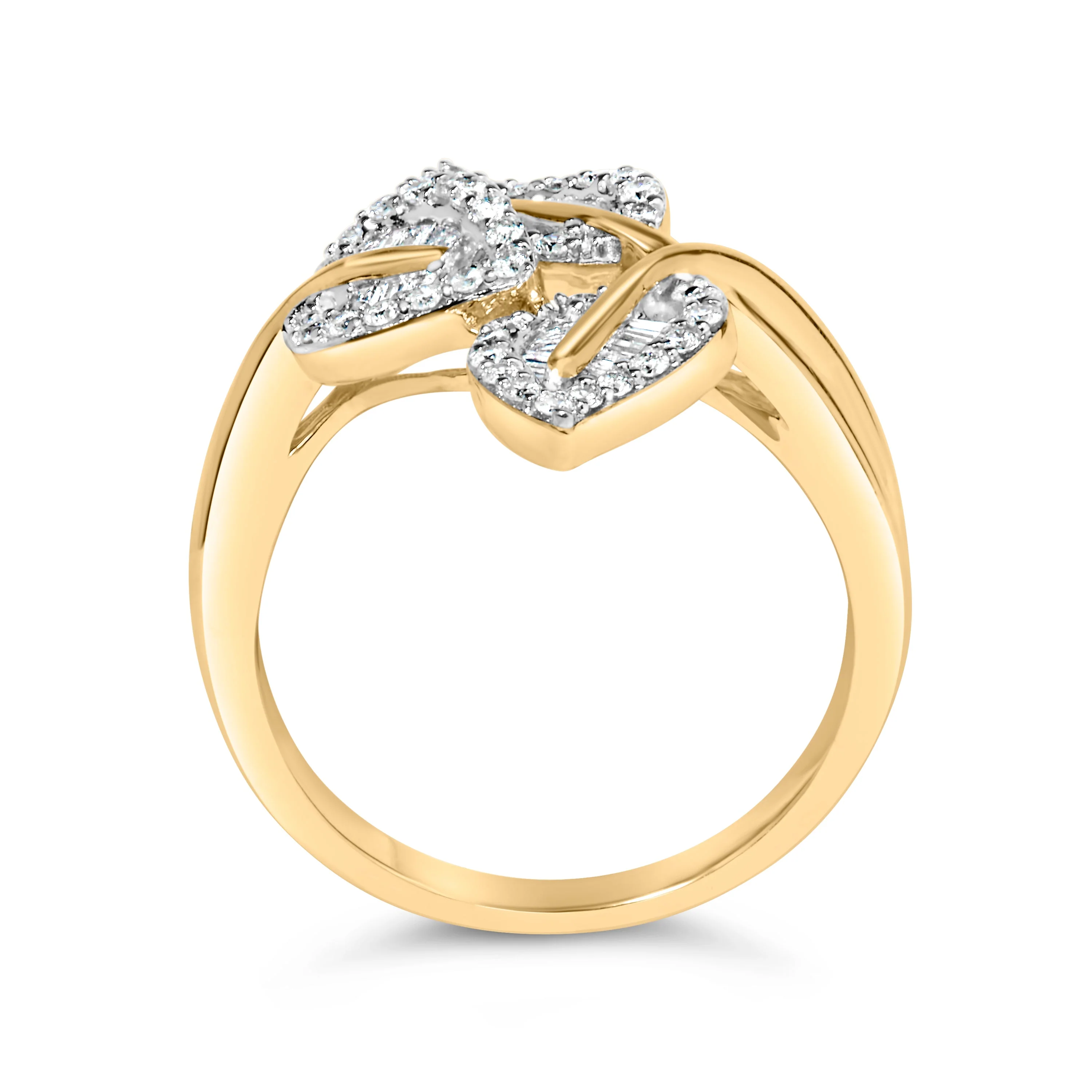 18K Yellow Gold Plated .925 Sterling Silver 1/2 Cttw Baguette and Round Diamond Bypass Triple Leaf Ring (I-J Color, I1-I2 Clarity) - Size 5 - Image 10