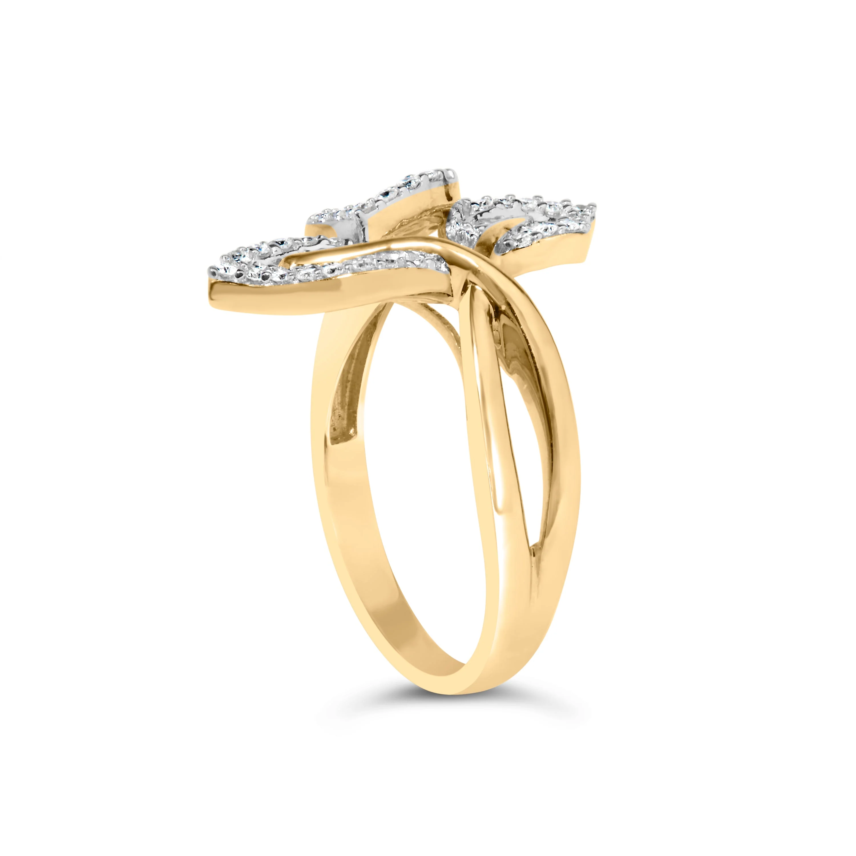 18K Yellow Gold Plated .925 Sterling Silver 1/2 Cttw Baguette and Round Diamond Bypass Triple Leaf Ring (I-J Color, I1-I2 Clarity) - Size 5 - Image 4