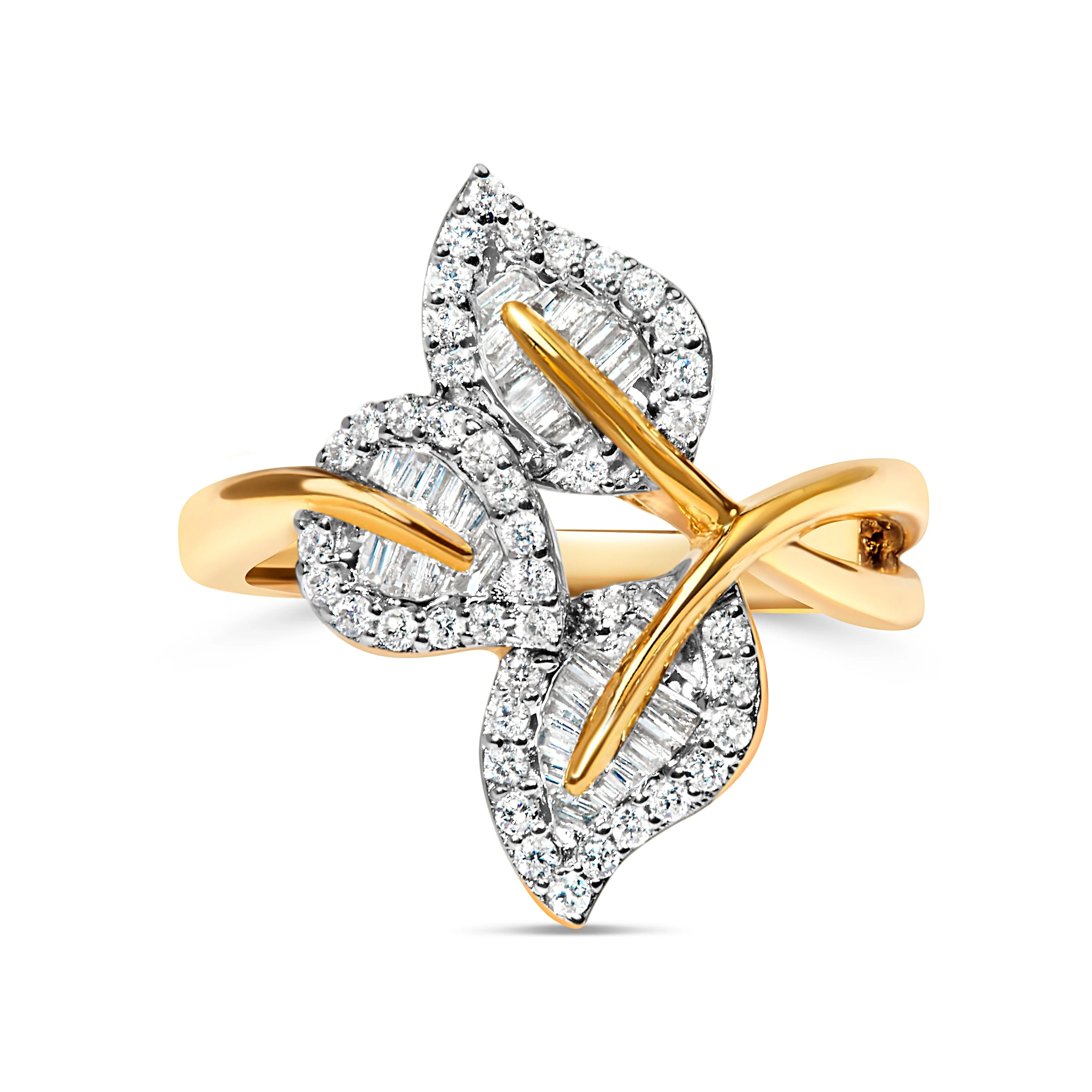 18K Yellow Gold Plated .925 Sterling Silver 1/2 Cttw Baguette and Round Diamond Bypass Triple Leaf Ring (I-J Color, I1-I2 Clarity) - Size 5 - Image 6