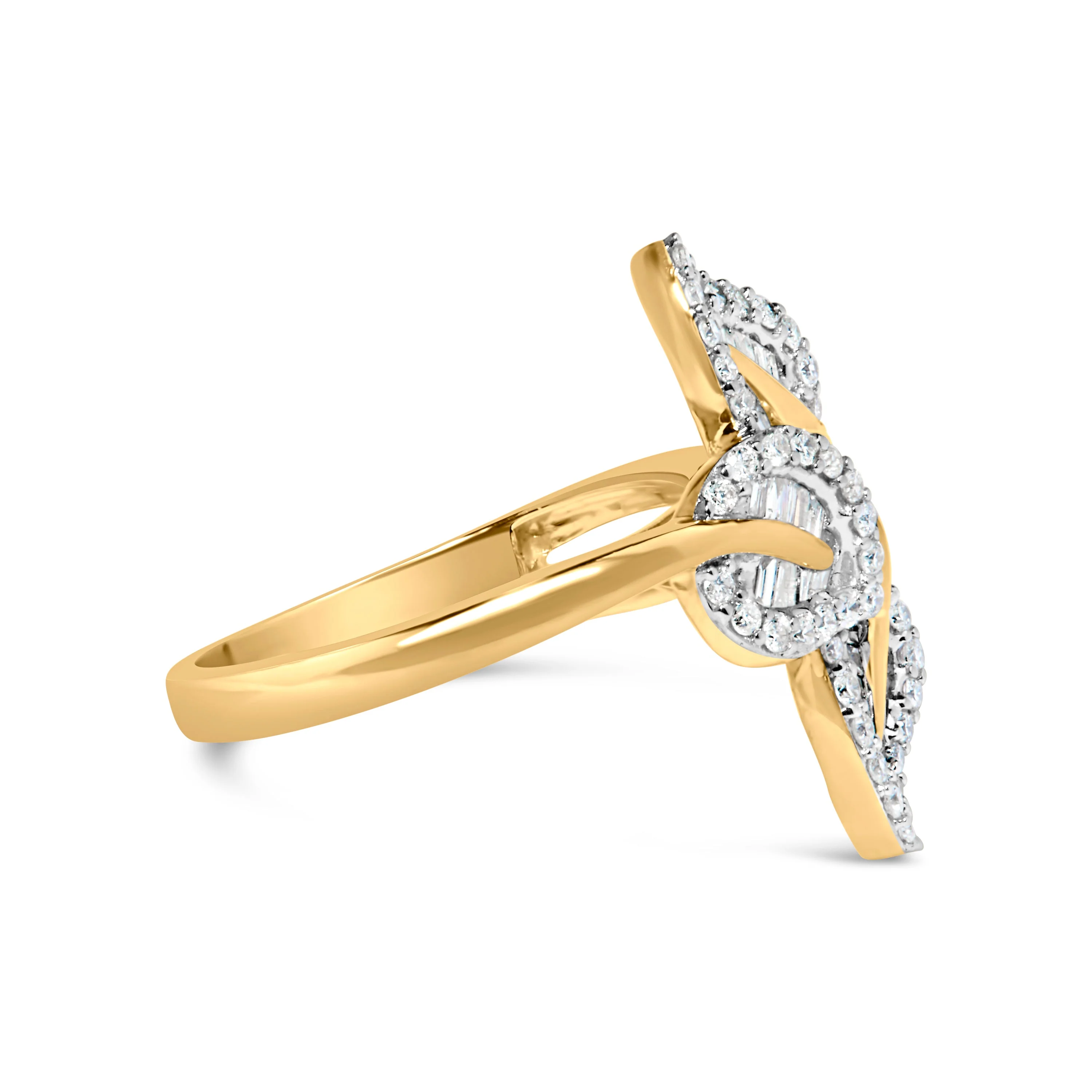 18K Yellow Gold Plated .925 Sterling Silver 1/2 Cttw Baguette and Round Diamond Bypass Triple Leaf Ring (I-J Color, I1-I2 Clarity) - Size 5 - Image 7