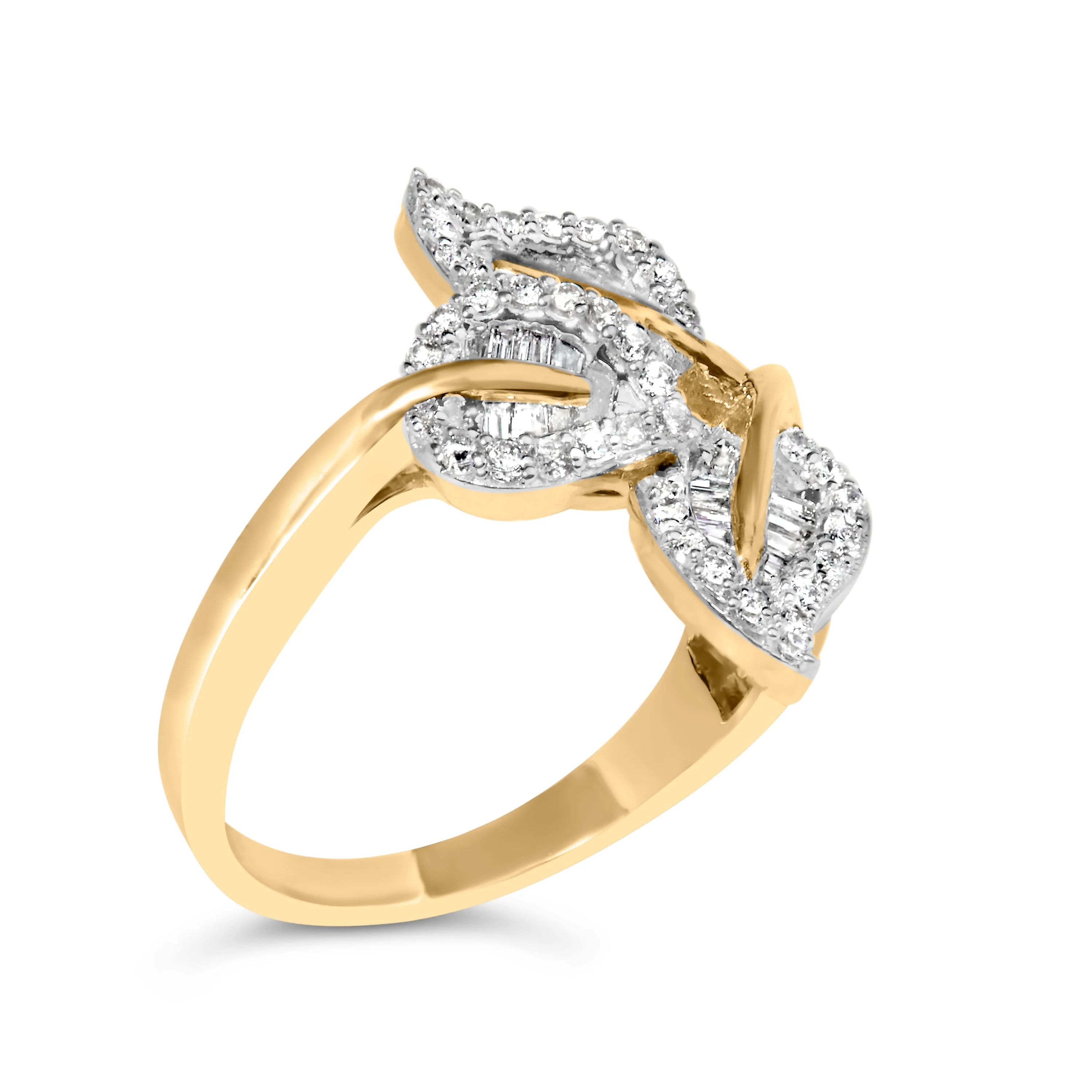 18K Yellow Gold Plated .925 Sterling Silver 1/2 Cttw Baguette and Round Diamond Bypass Triple Leaf Ring (I-J Color, I1-I2 Clarity) - Size 5 - Image 8