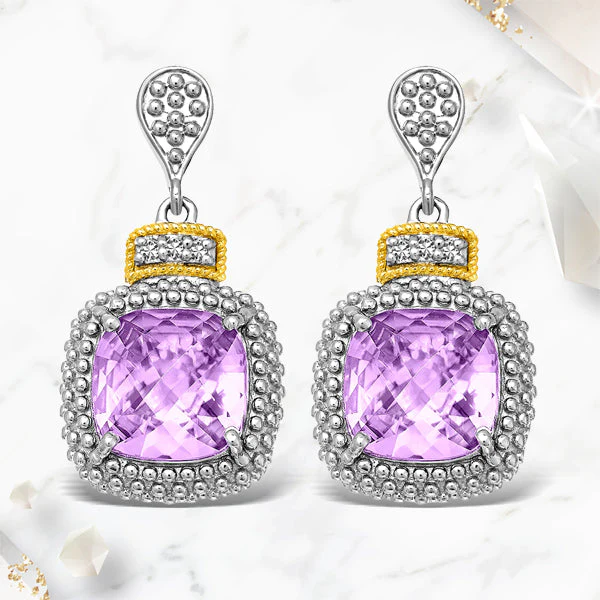 18k Yellow Gold & Sterling Silver Cushion Amethyst & Diamond Earrings (.05cttw) - Image 3