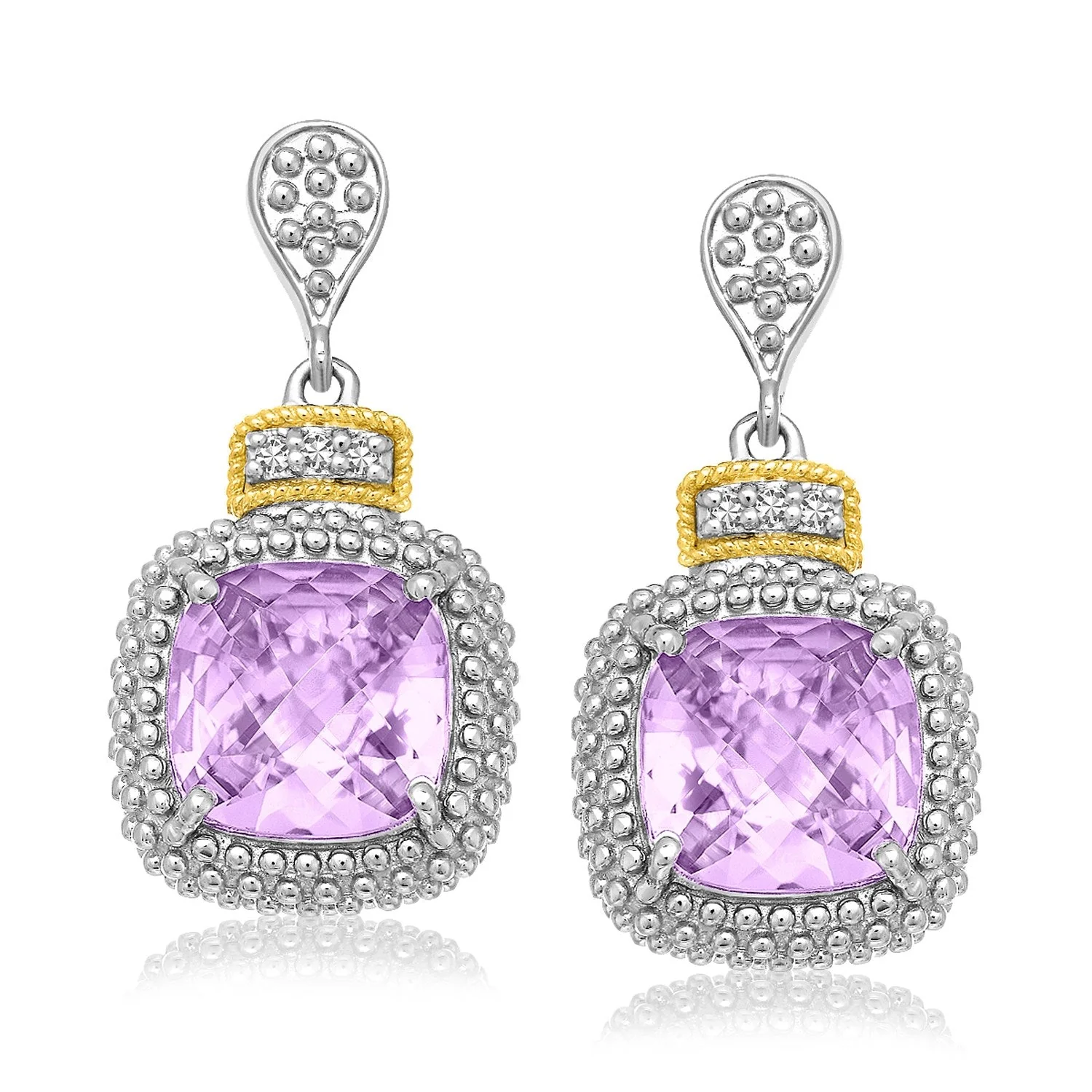 18k Yellow Gold & Sterling Silver Cushion Amethyst & Diamond Earrings (.05cttw) - Image 4