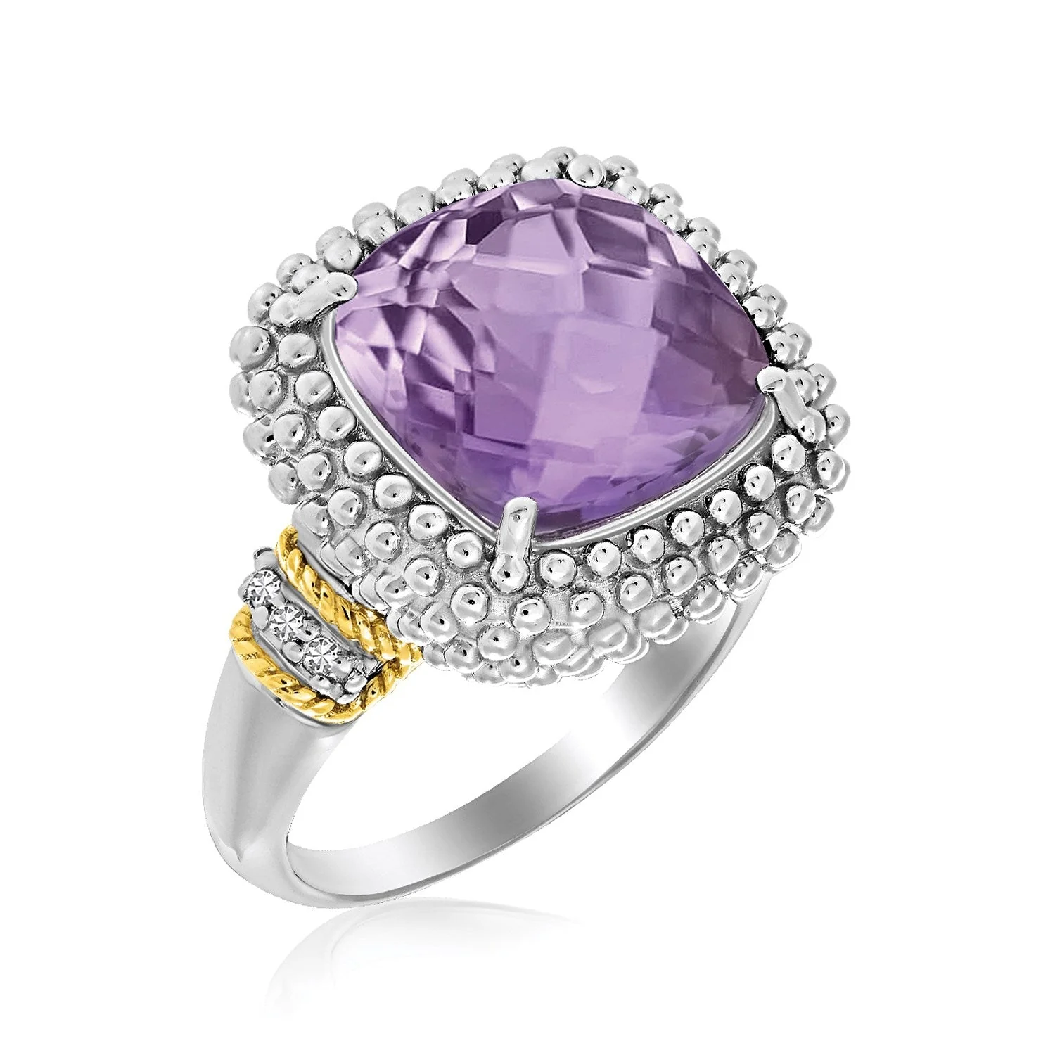 18k Yellow Gold & Sterling Silver Popcorn Ring with Amethyst and Diamond Accents - Image 2