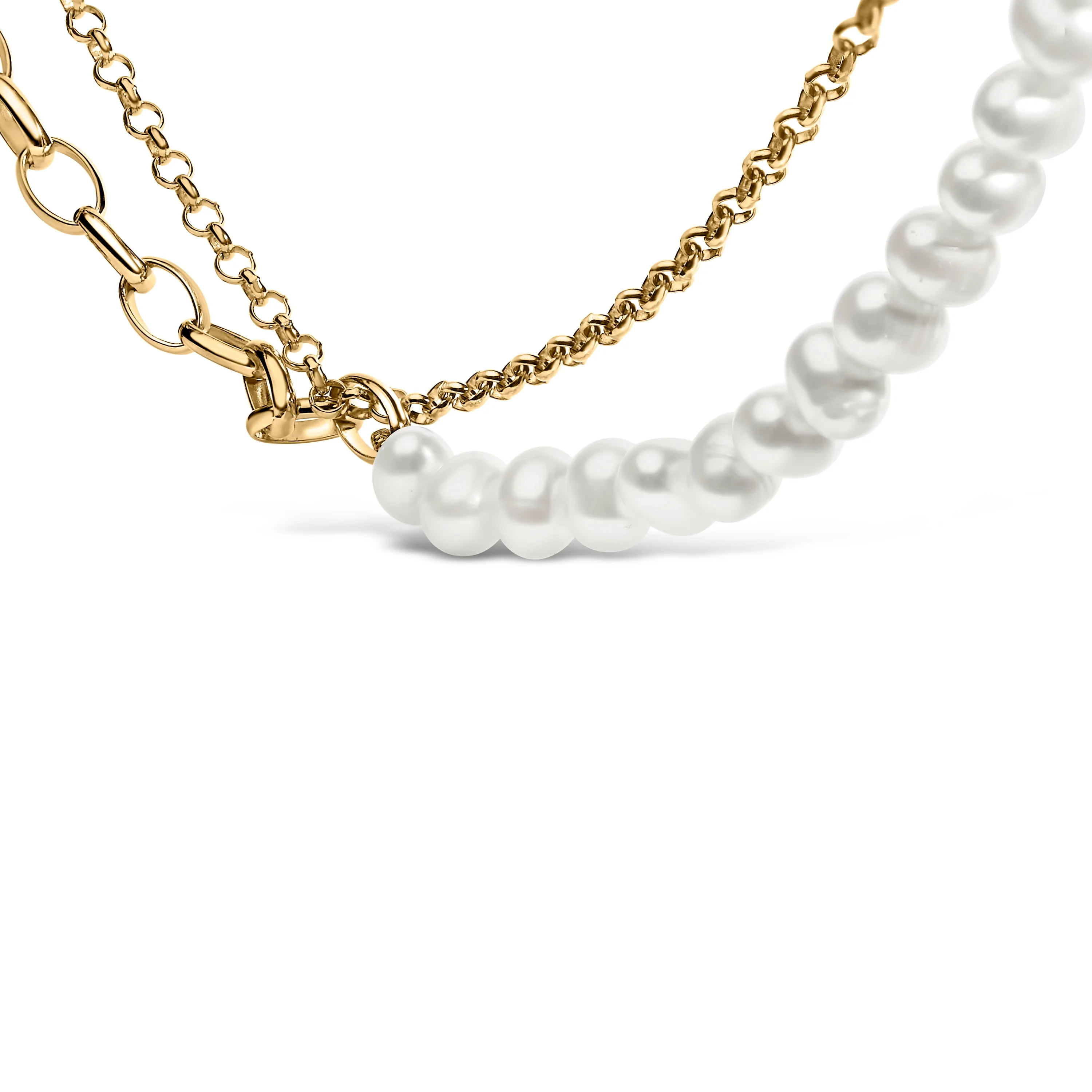 18K Yellow Gold Vermeil Cultured Pearl Strand Necklace with Rolo and Paperclip Chain - Image 3