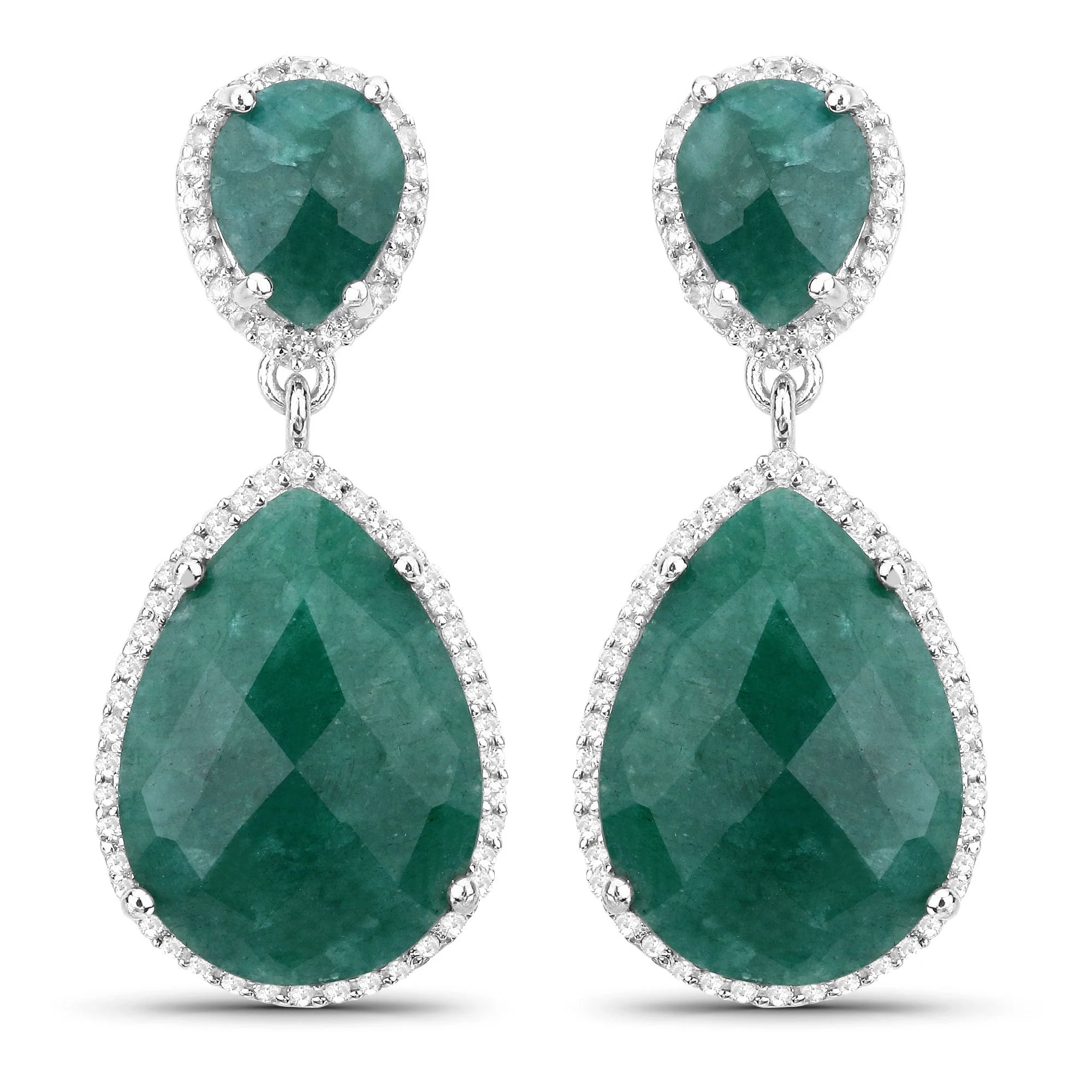 19.42 Carat Dyed Emerald and White Topaz .925 Sterling Silver Earrings
