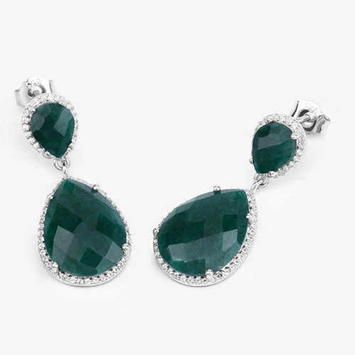 19.42 Carat Dyed Emerald and White Topaz .925 Sterling Silver Earrings - Image 11