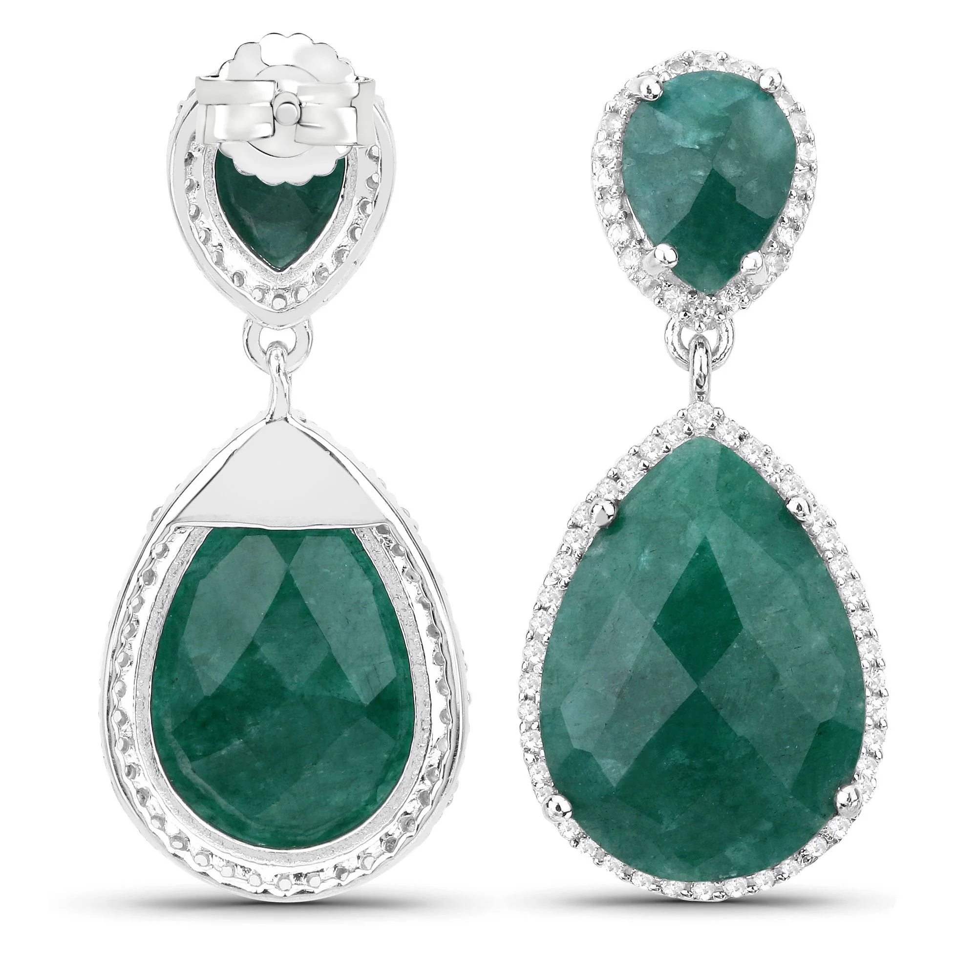 19.42 Carat Dyed Emerald and White Topaz .925 Sterling Silver Earrings - Image 3