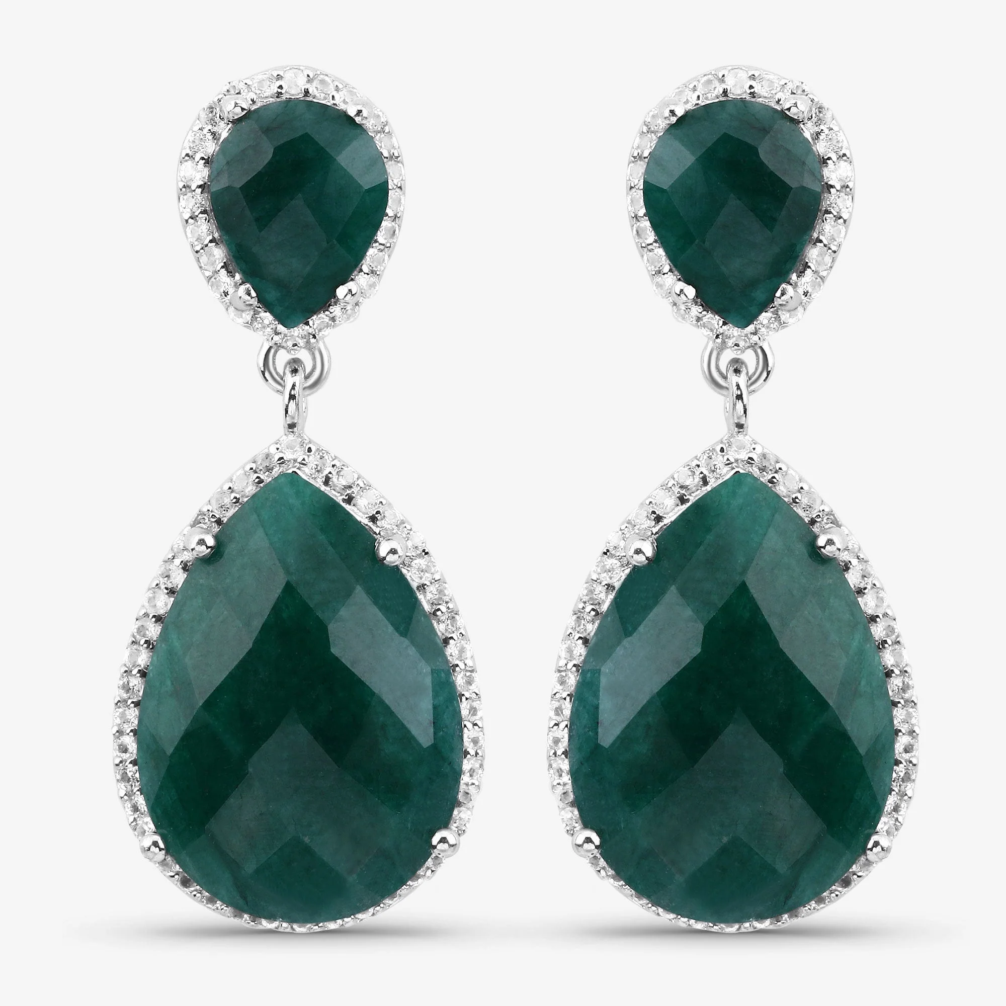 19.42 Carat Dyed Emerald and White Topaz .925 Sterling Silver Earrings - Image 4